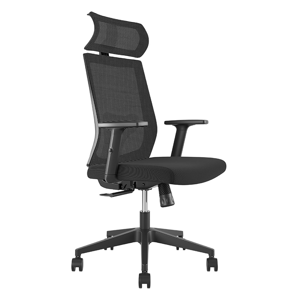 Czarny ergonomiczny fotel biurowy. Posiada zagłówek, siatkowe oparcie, podłokietniki, siedzisko i pięcioramienną podstawę z kółkami.