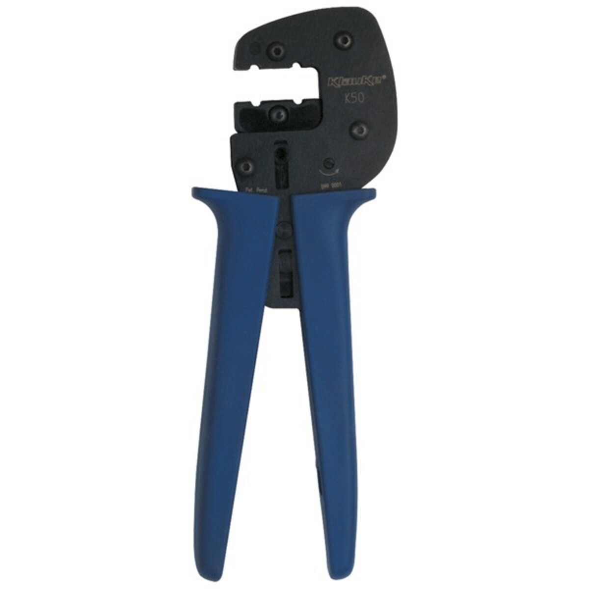 Pinza crimpatrice con manici blu e testa nera. Lo strumento ha il marchio 'Knipex K50' sulla testa.