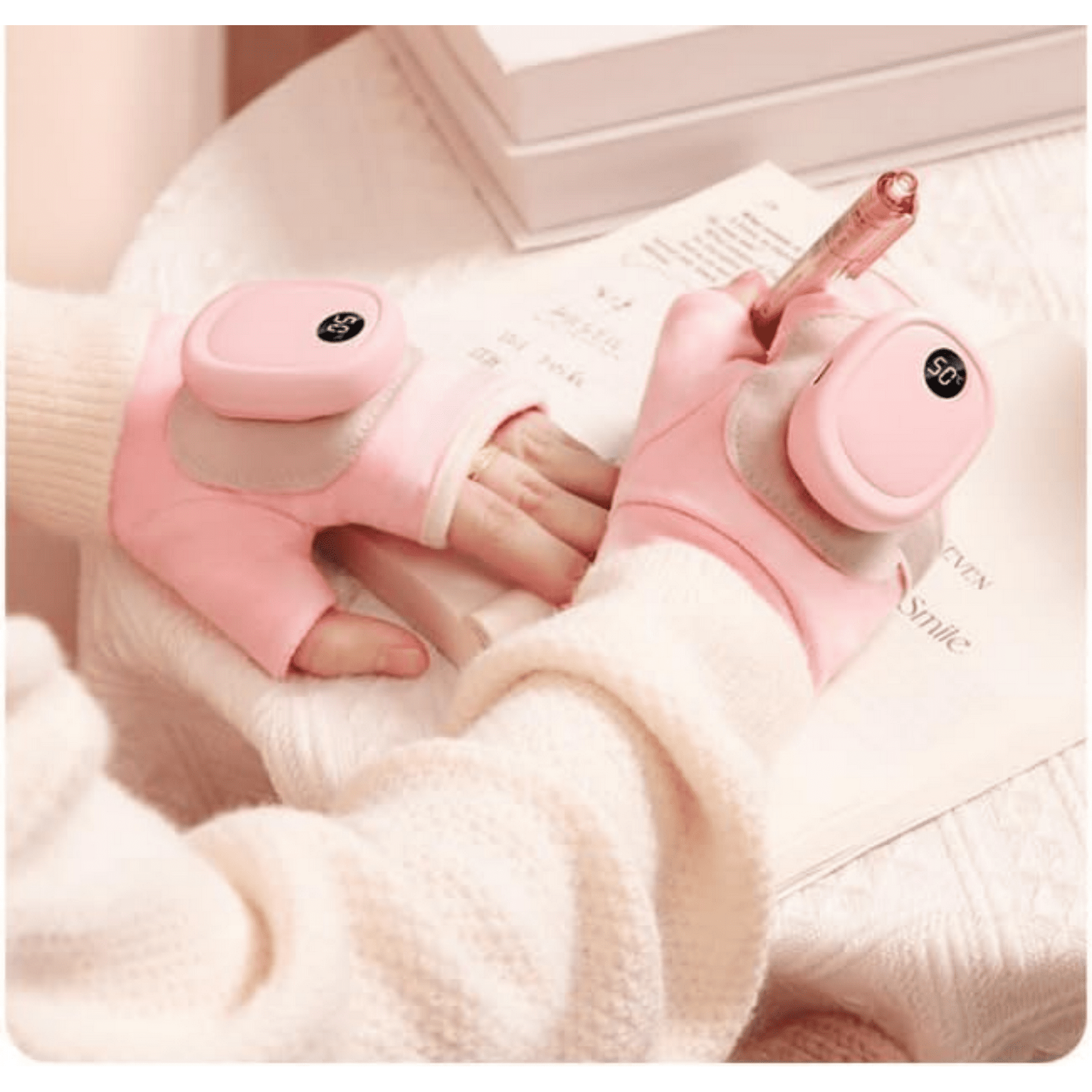 Hände mit rosa beheizten Handschuhen, die einen Stift über einem Papier halten. Die Handschuhe zeigen eine Temperaturanzeige.