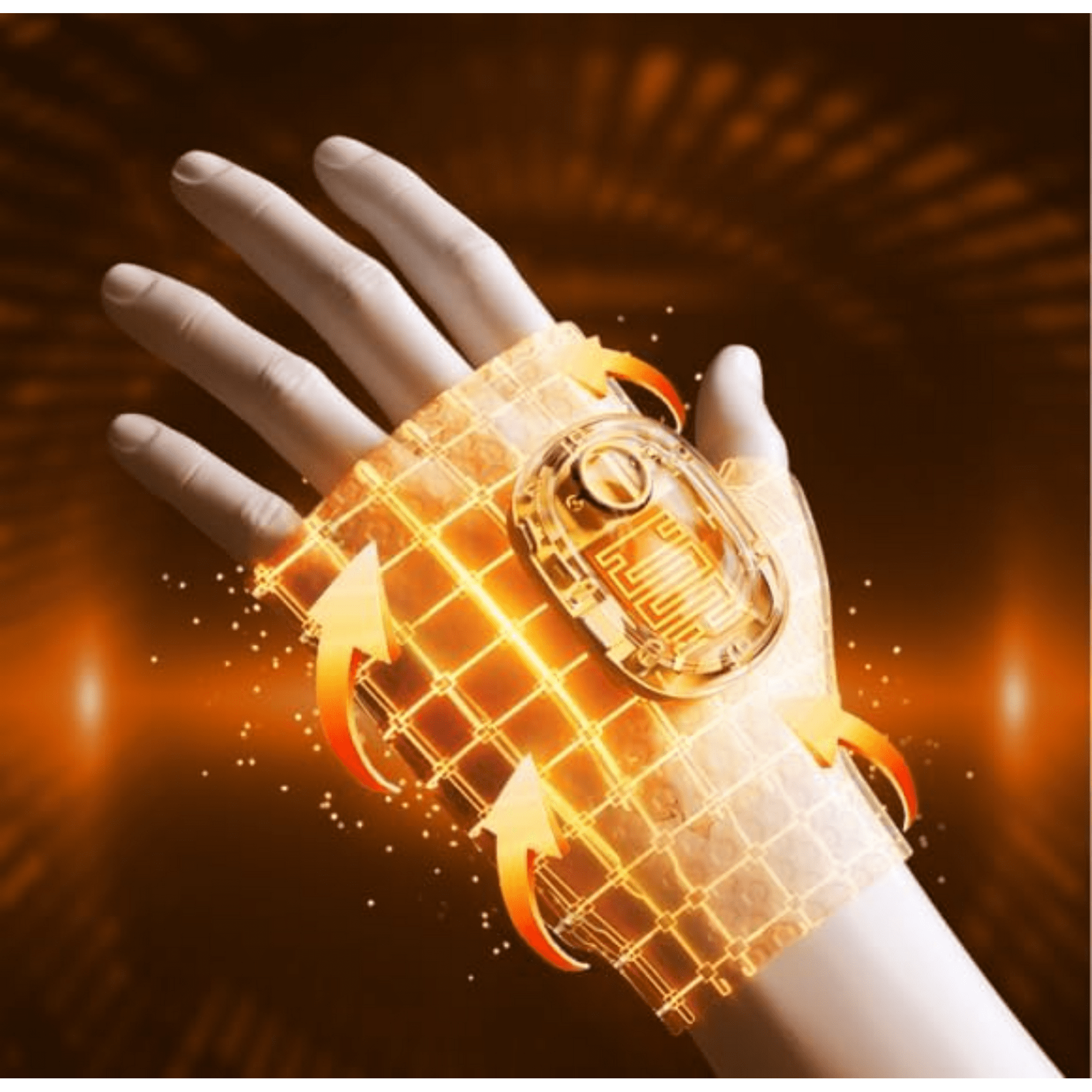 Hand mit goldenem Gerät. Pfeile und Funken deuten auf Energiefluss hin. Hintergrund ist orange.