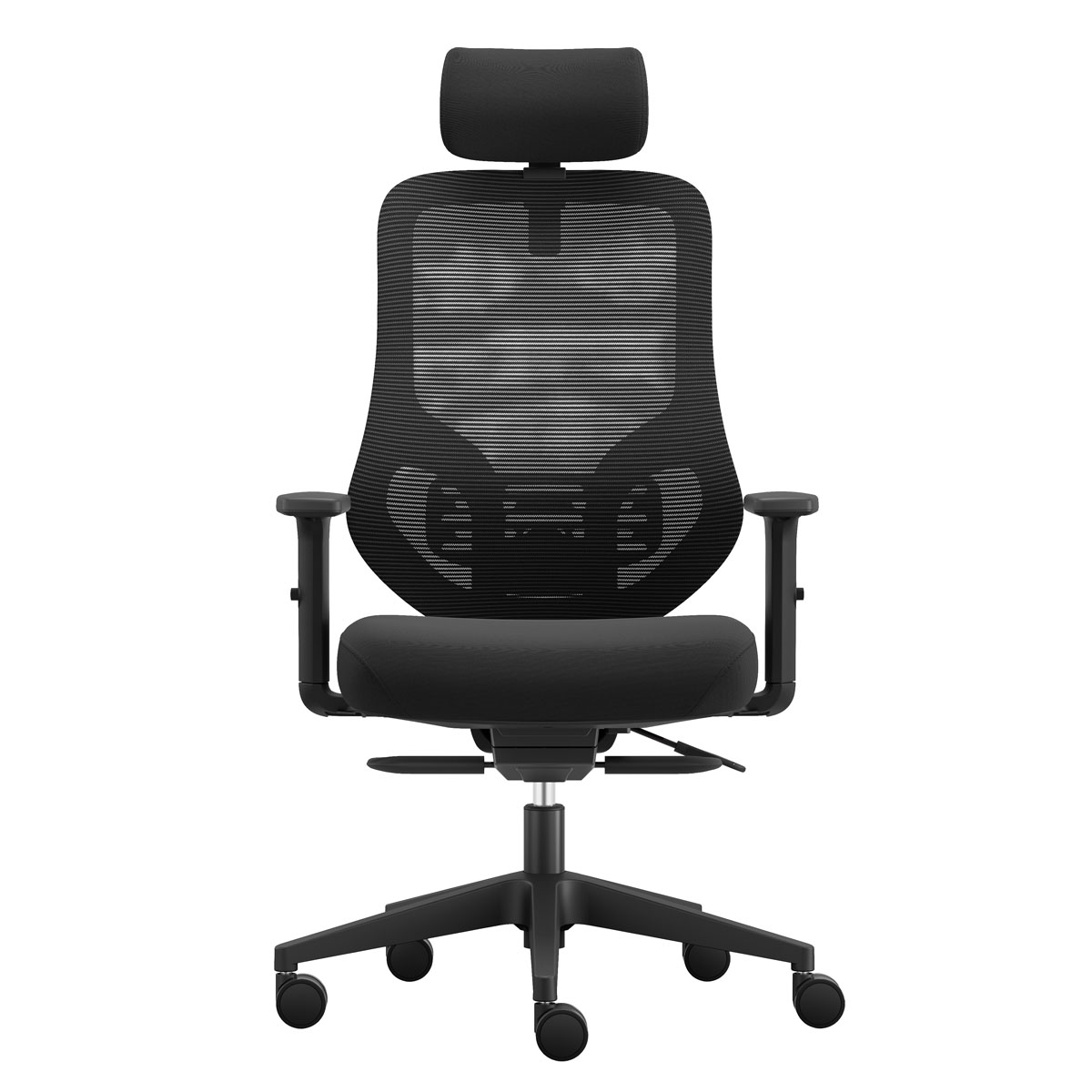 Czarny ergonomiczny fotel biurowy. Ma zagłówek, siatkowe oparcie, podłokietniki i pięcioramienną podstawę z kółkami, wszystko na białym tle.