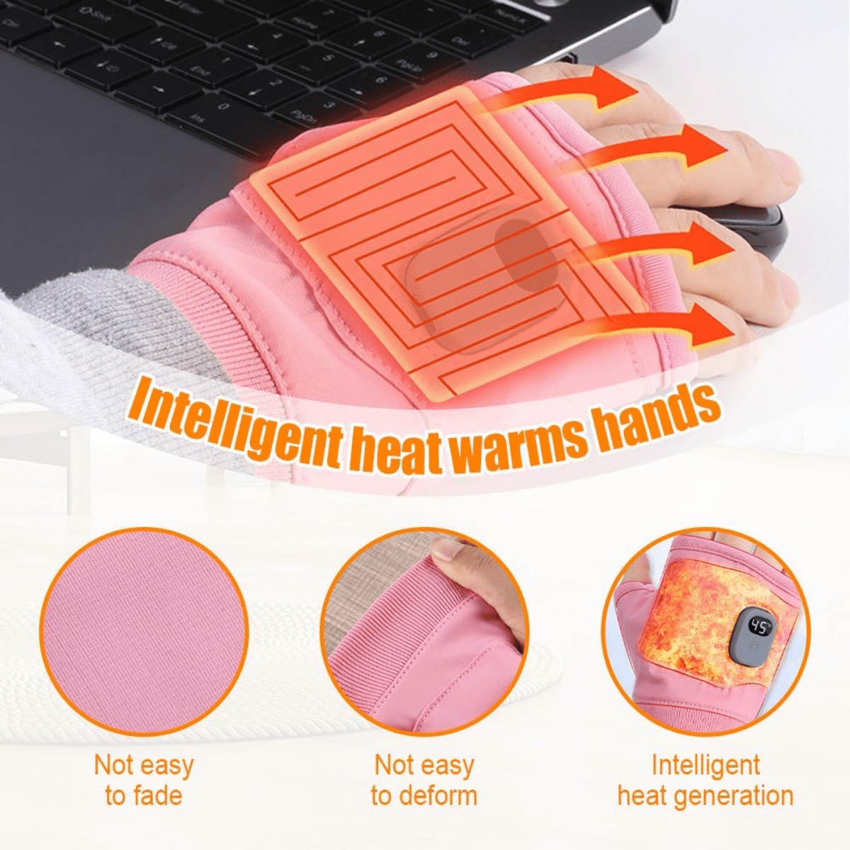 Eine Hand trägt einen rosa beheizten Handschuh, mit Pfeilen, die die Wärme anzeigen. Darunter Details über den Stoff und die Wärmeerzeugung.