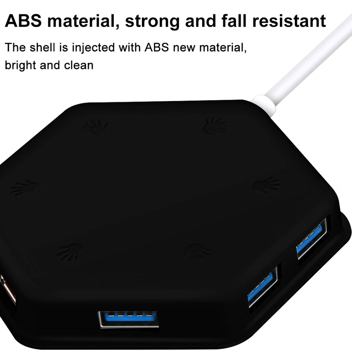 Schwarzer USB-Hub mit handförmigen Designs. Er hat USB-Anschlüsse mit blauen Steckern. Ein weißes Kabel ist eingesteckt.