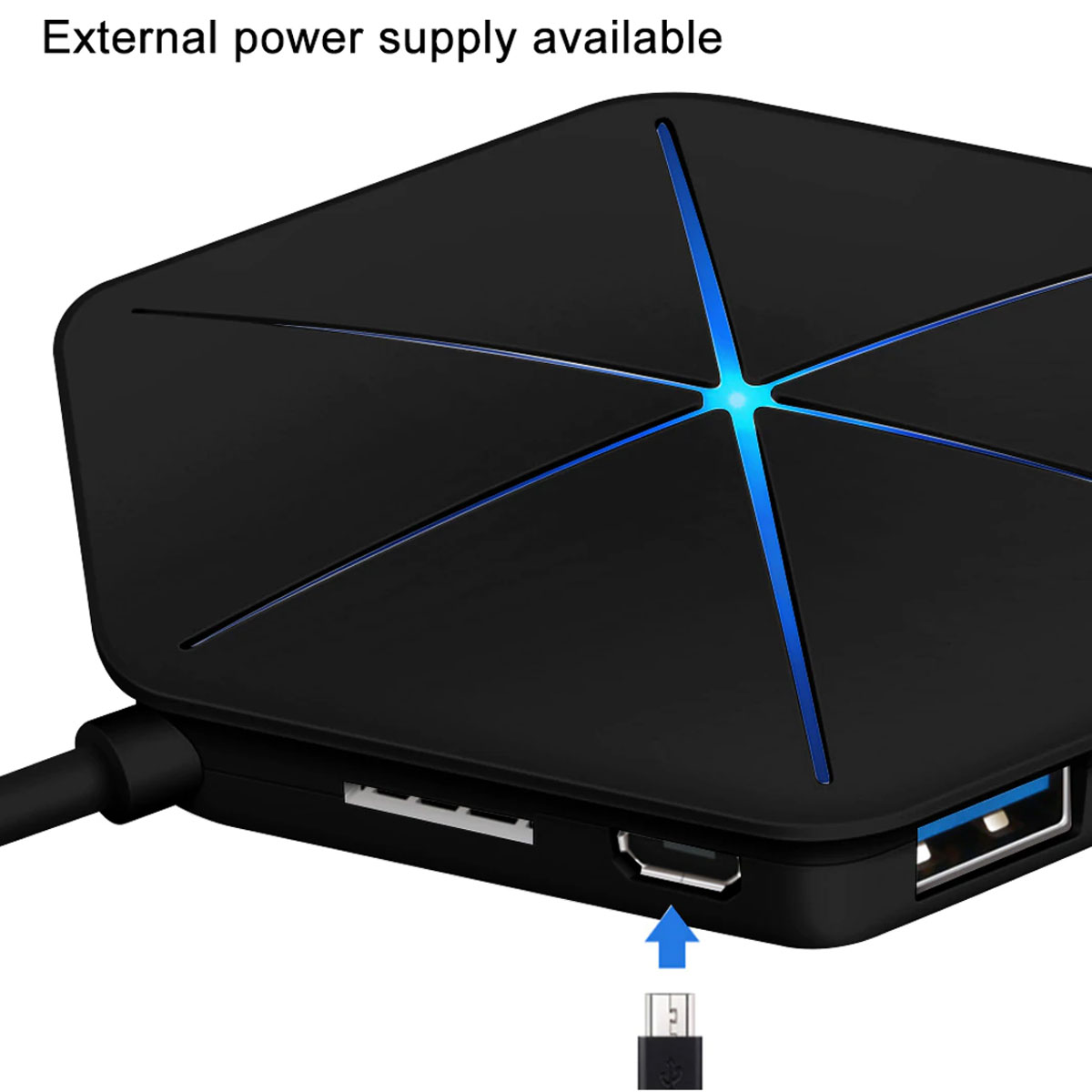 Schwarzes Gerät mit blauen Lichtdetails. USB-Anschlüsse und Stromanschluss sind sichtbar. Ein schwarzes Kabel ist angeschlossen.