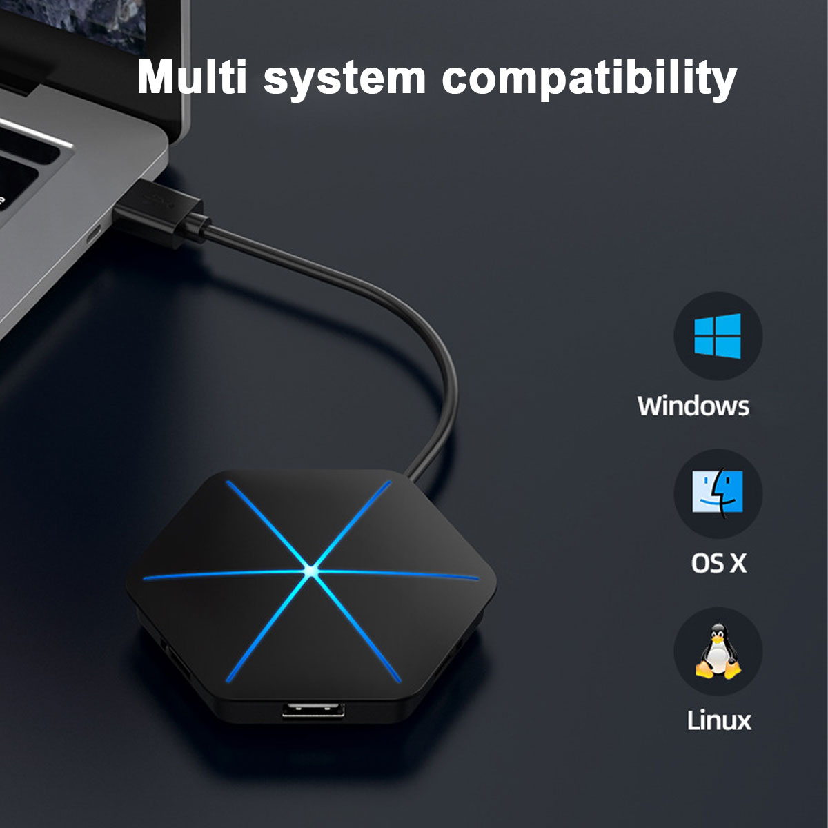 Schwarzer USB-Hub, der mit einem Laptop verbunden ist. Symbole für Windows, OS X und Linux rechts zeigen Kompatibilität an.