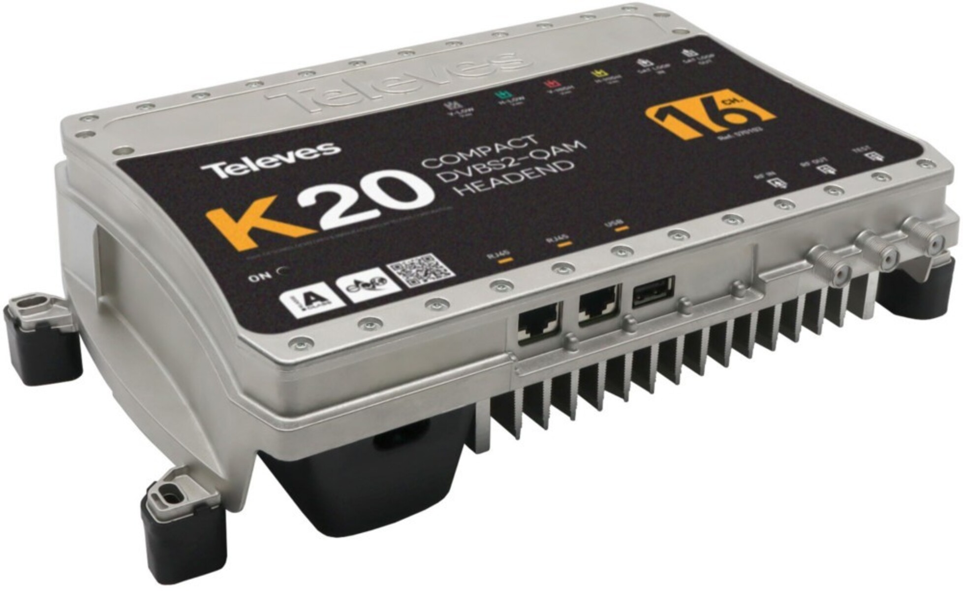Un dispositivo Televes K20 argento e nero con più porte e il numero 16. Ha un lato inferiore a coste ed è su sfondo bianco.