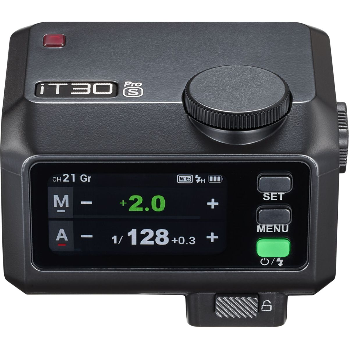 A dark gray device with a screen displaying settings. It has buttons and a dial. Text includes 'iT30 Pro S' and 'CH 21 Gr'.