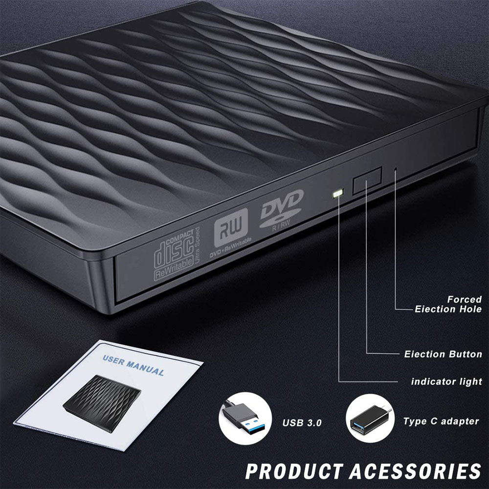 Schwarzes externes DVD-Laufwerk mit Zubehör: USB-Kabel, Typ-C-Adapter und Bedienungsanleitung. Merkmale sind eine Auswurftaste und eine Kontrollleuchte.