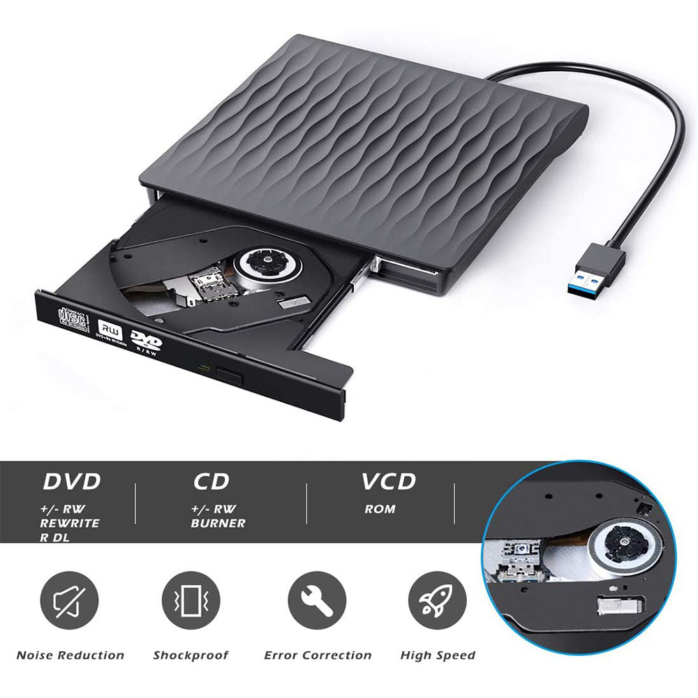 Ein schwarzes externes DVD-Laufwerk mit geöffnetem Fach. Ein USB-Kabel ist angeschlossen. Infografiken zeigen DVD-, CD- und VCD-Funktionen.