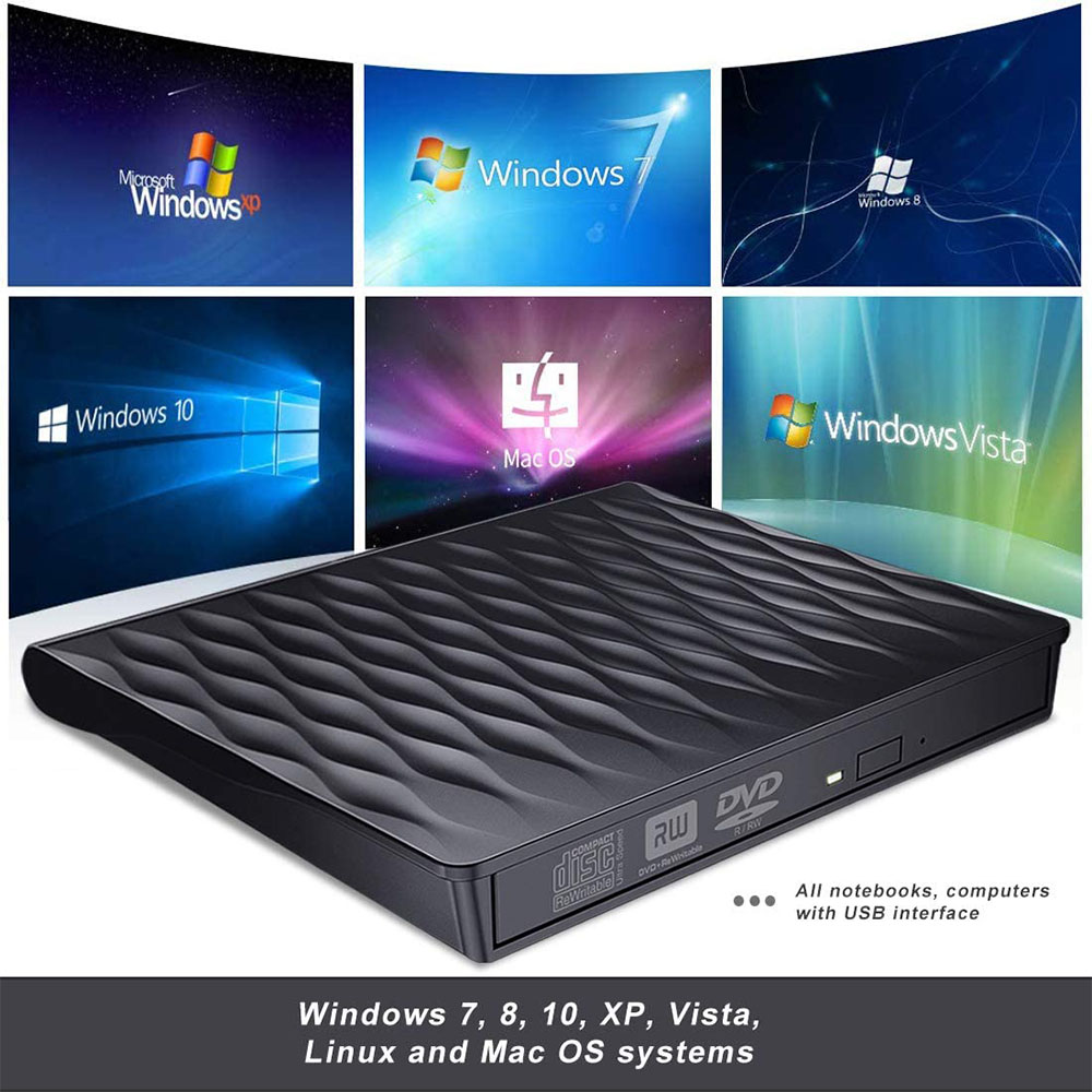 Schwarzes DVD-Laufwerk mit Logos von Windows XP, 7, 8, 10, Vista und Mac OS. Text: Alle Notebooks, Computer mit USB-Schnittstelle.