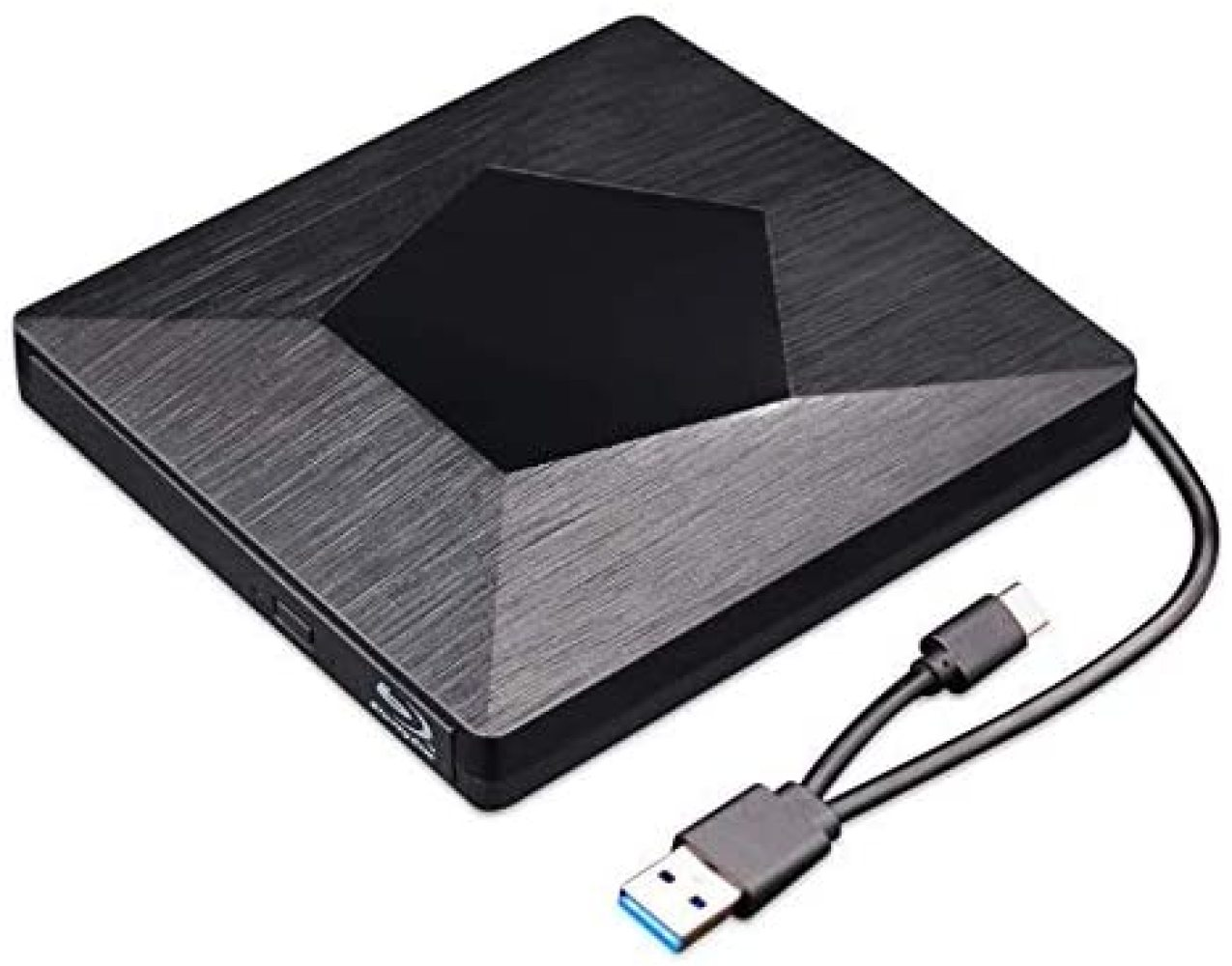 Eine schwarze, eckige externe Festplatte mit einem USB- und USB-C-Kabel. Die Oberfläche hat eine gebürstete Metallstruktur.