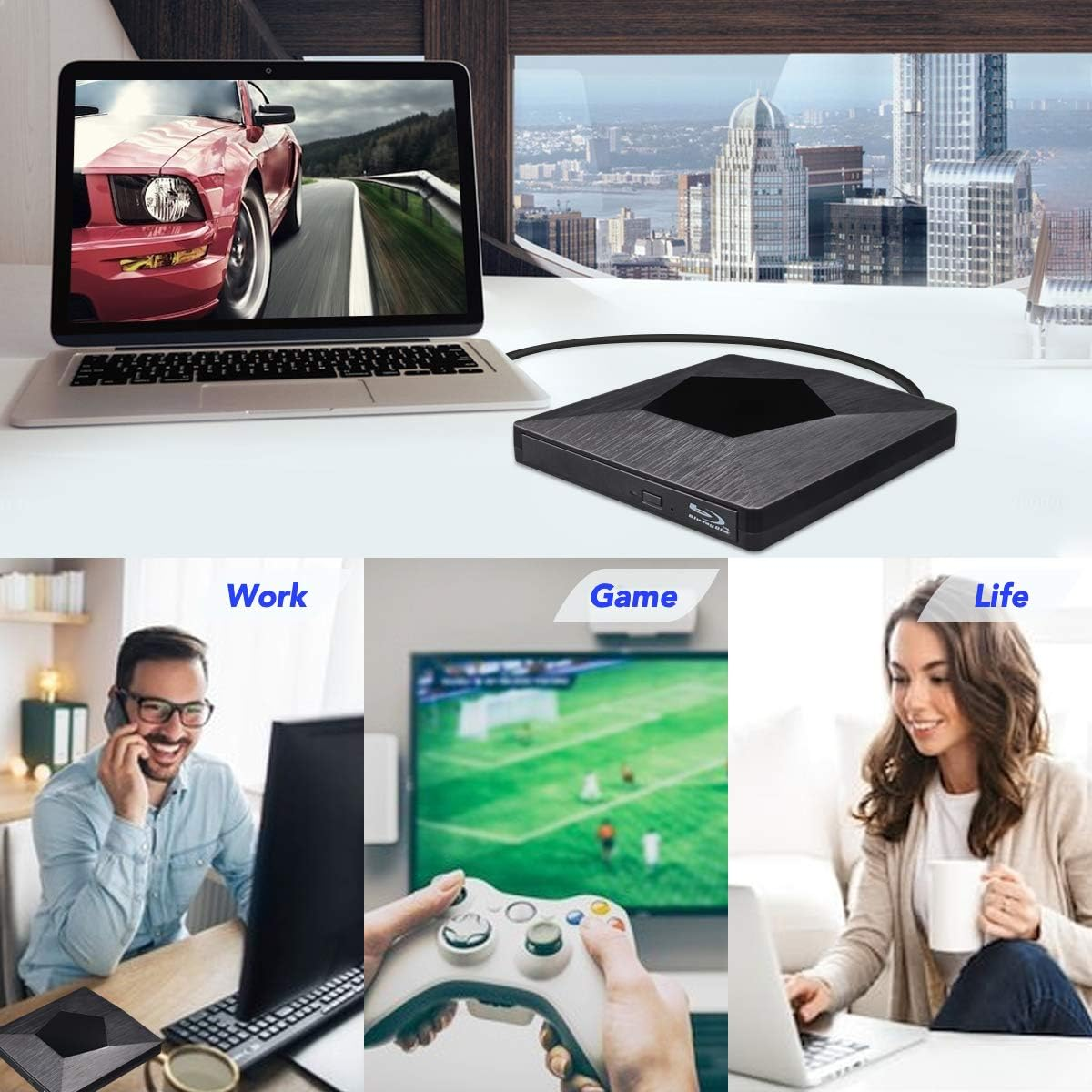Laptop mit Autobild, ein schwarzes Gerät und drei kleinere Szenen: Arbeit, Spiel und Leben, jeweils mit Personen, die Geräte benutzen.