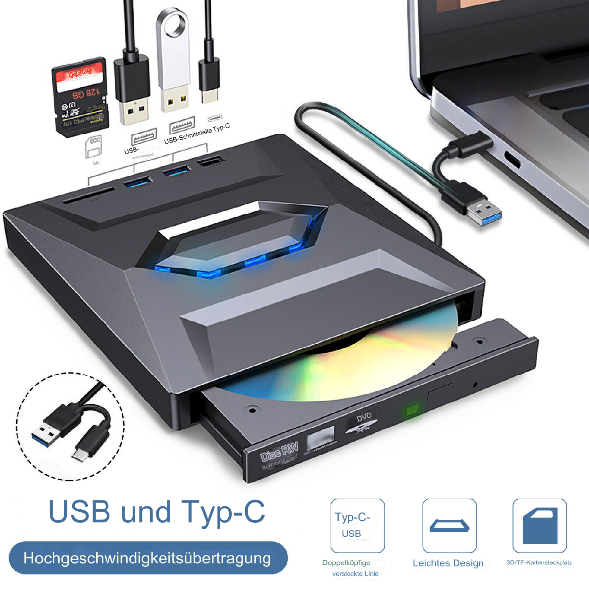 Ein grauer USB-Hub mit Laufwerk ist mit einem Laptop verbunden. SD-Karte, USB-Laufwerke und ein USB-C-Kabel sind ebenfalls sichtbar.