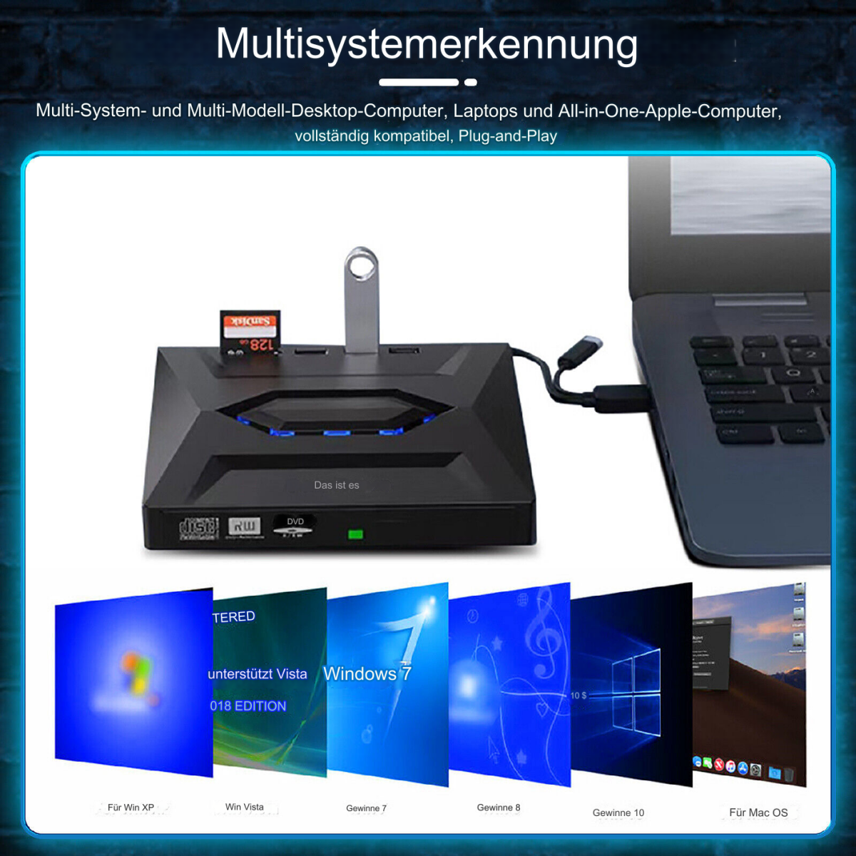 Ein schwarzes Gerät mit USB-Stick, SD-Karte und Anschluss an einen Laptop. Softwarelogos, darunter Windows und Mac OS, werden angezeigt.