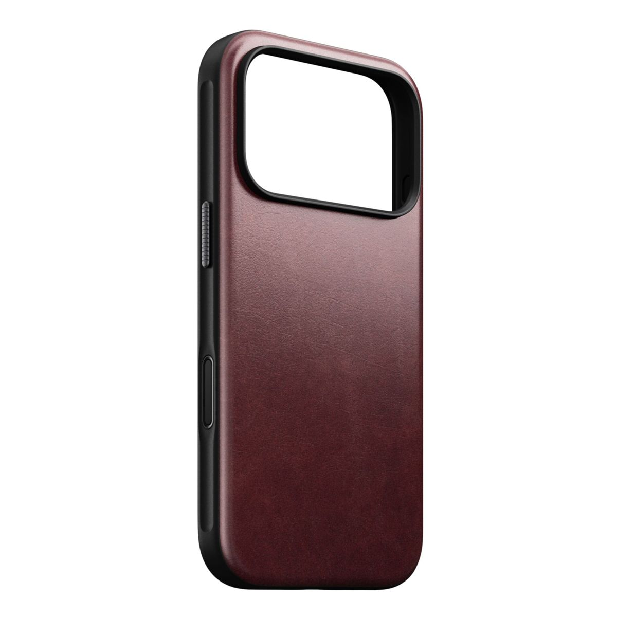 Primo piano di una custodia per telefono. È di colore bordeaux con bordo nero. La custodia ha un'apertura per la fotocamera in alto.