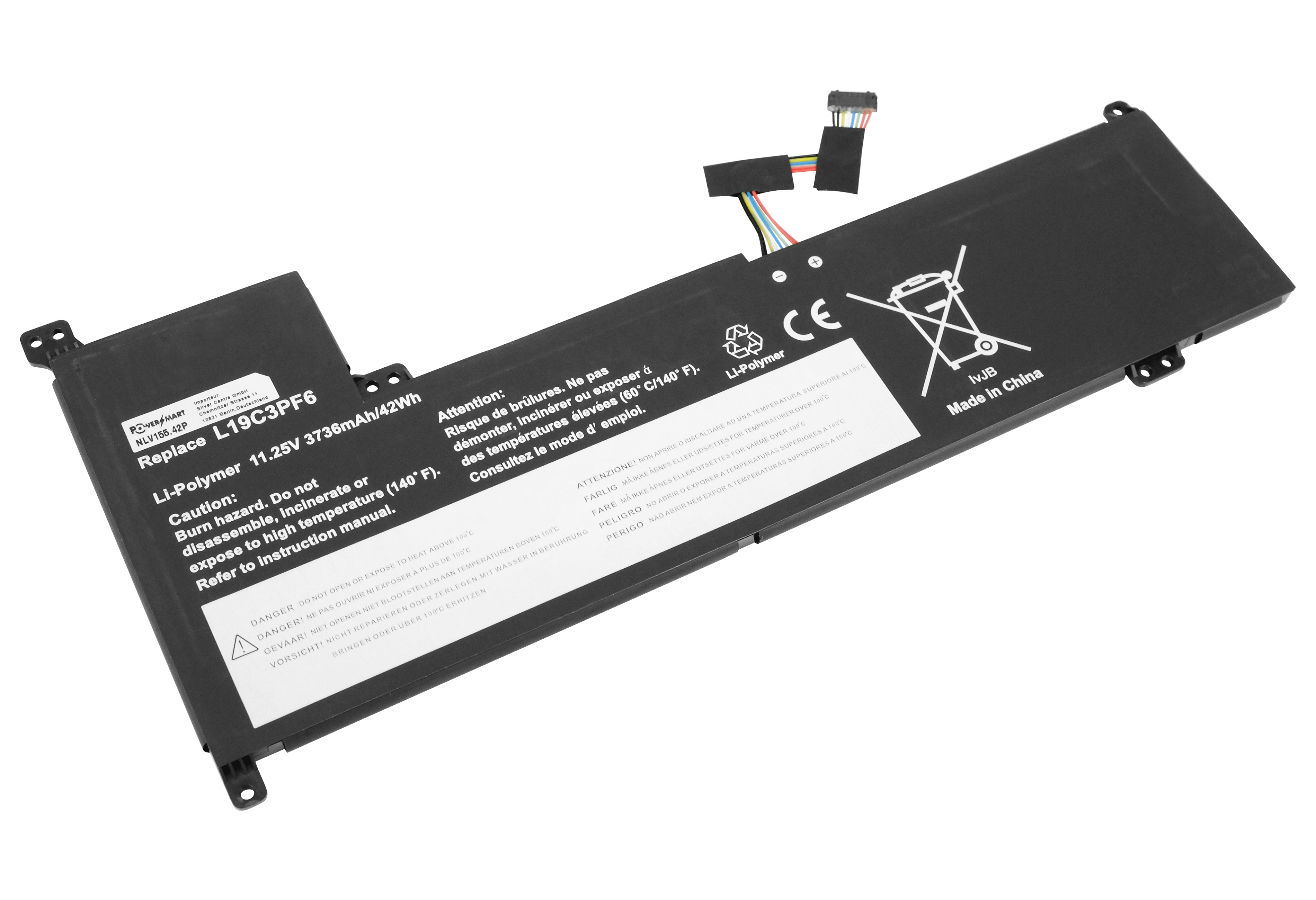 Laptop-Akku mit Warnhinweisen und freiliegenden Drähten. Schwarzes Gehäuse mit weißem Text und CE-Zeichen.