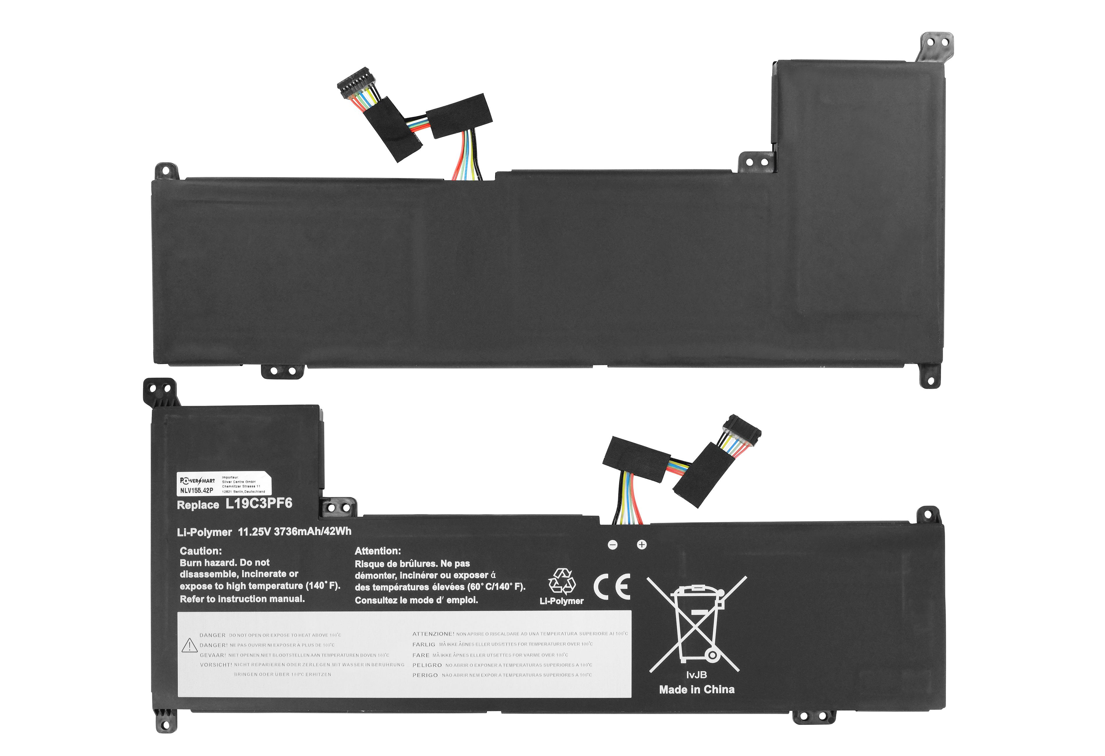 Laptop-Akku mit schwarzem Gehäuse, Kabeln und Warnhinweisen. Details umfassen Markenname, Modell und Sicherheitshinweise.
