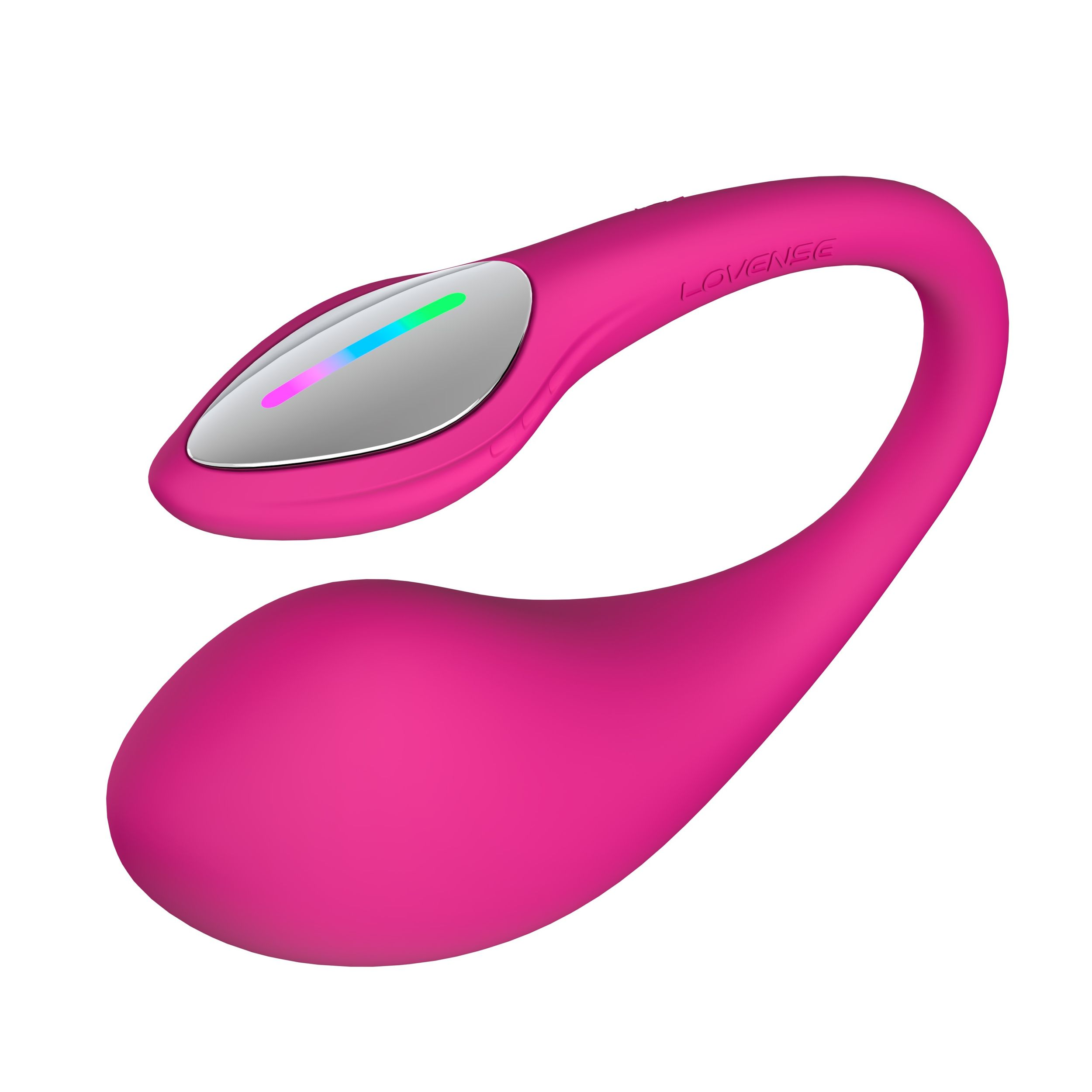 Ein rosa Sexspielzeug mit silberner Spitze und farbigen Lichtern. Das Wort LOVENSE steht drauf.