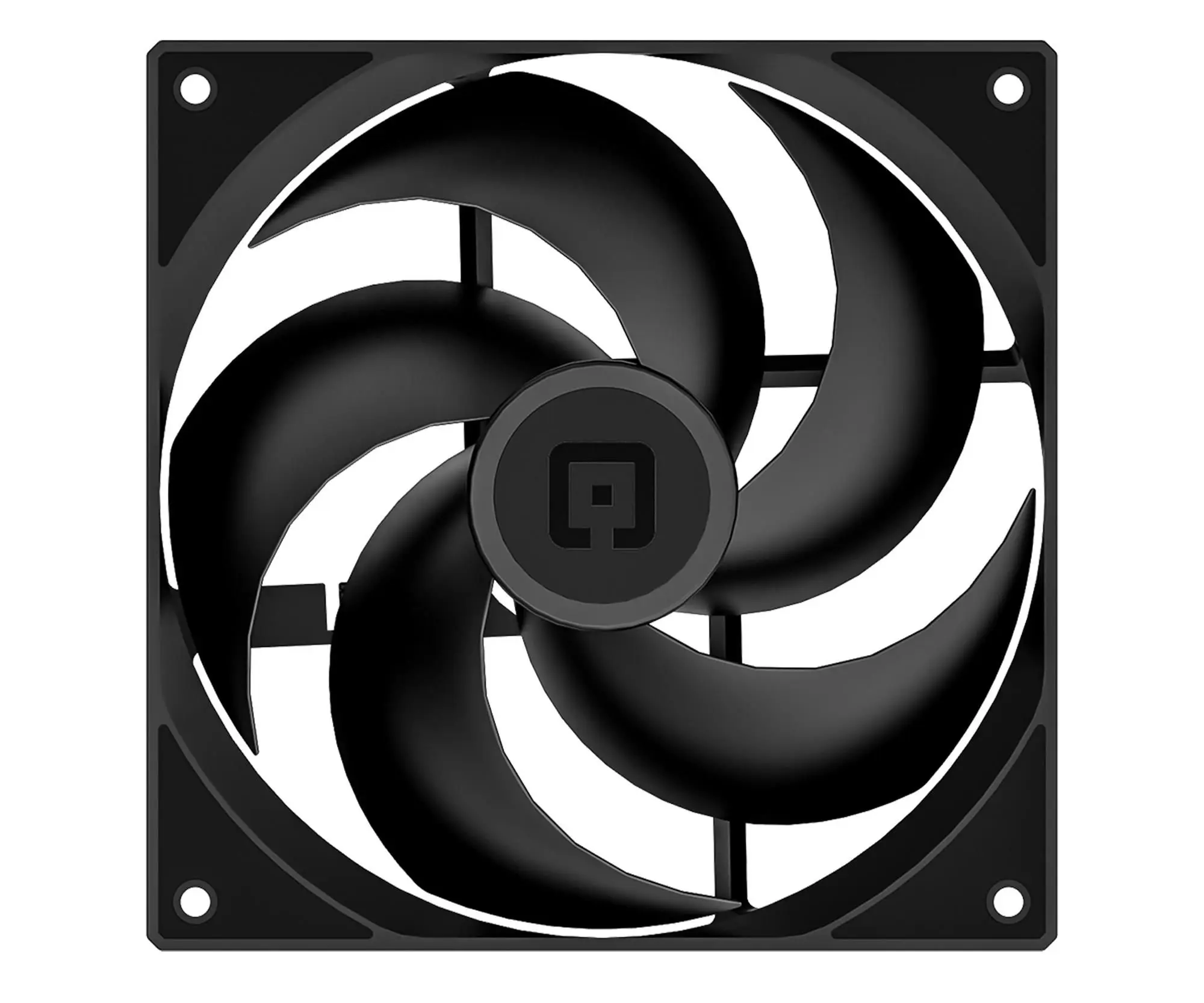 Ein schwarzer Computerlüfter mit gebogenen Flügeln und einem zentralen Logo. Er hat einen quadratischen Rahmen.