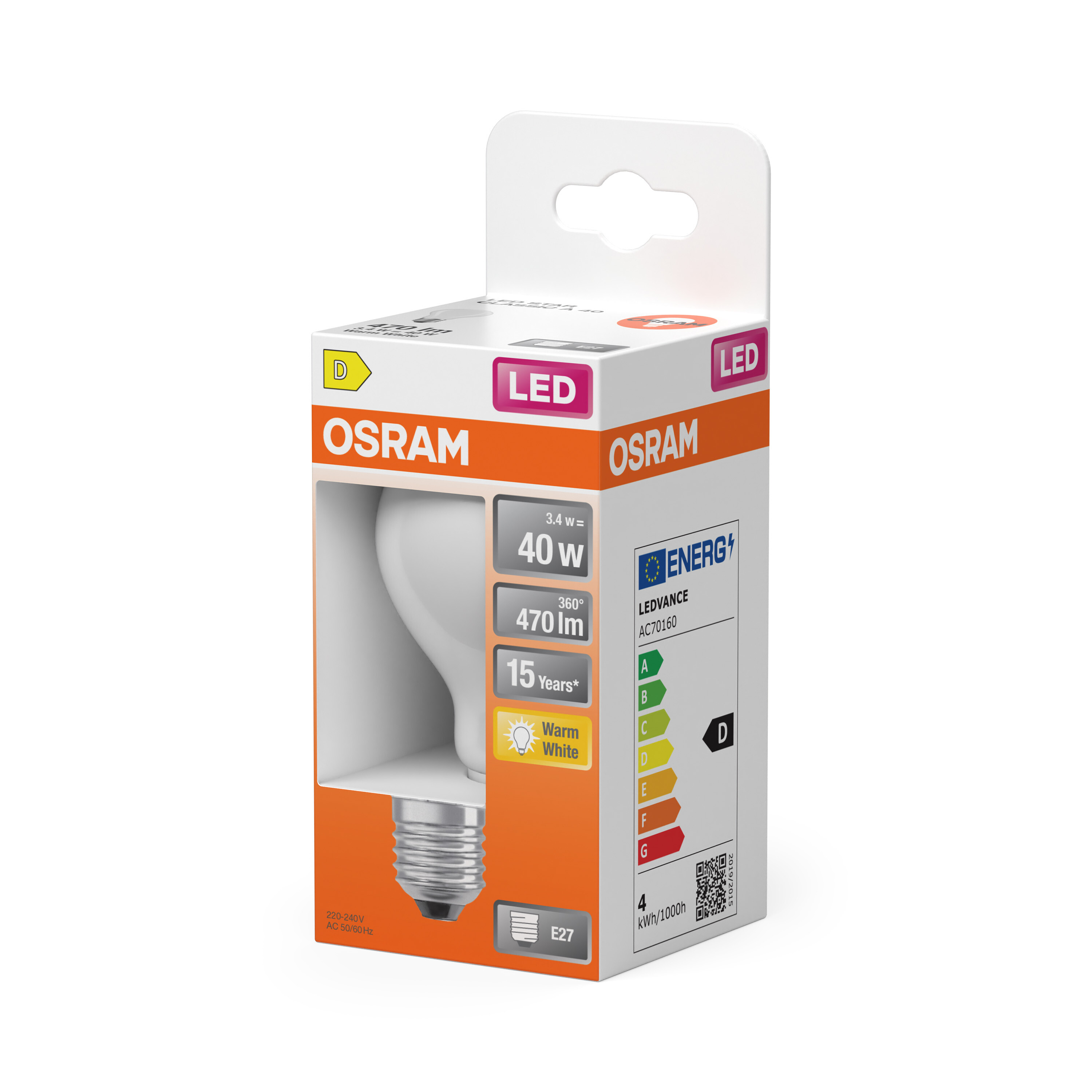 Una lampadina LED Osram nella sua confezione. La confezione è bianca, arancione e ha dettagli tecnici.