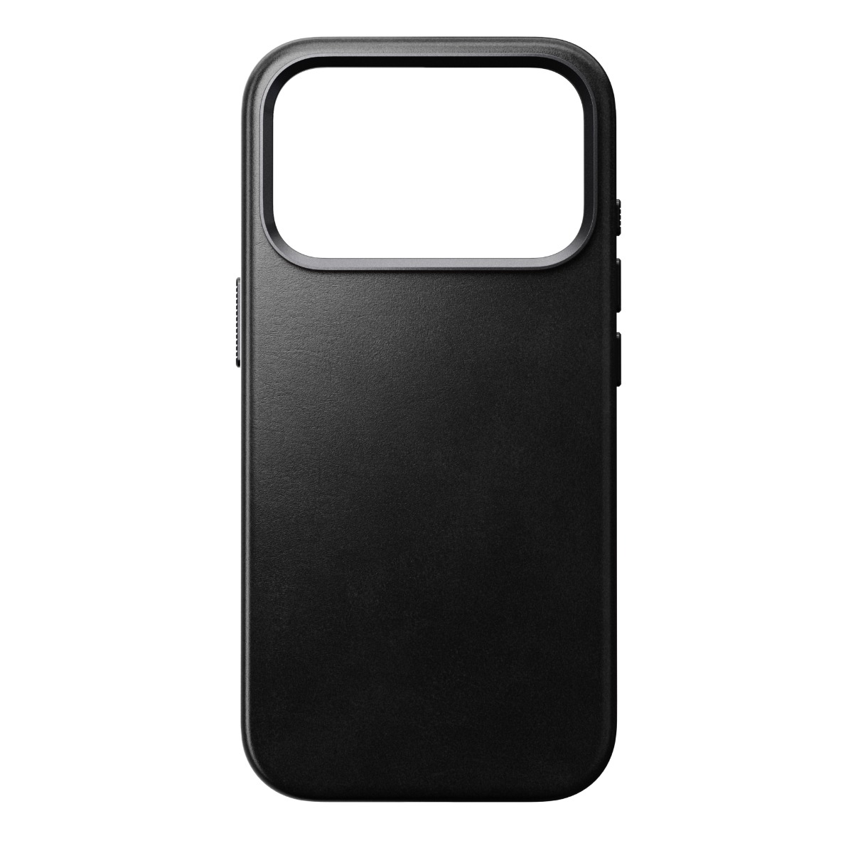 Una custodia nera per telefono con ritaglio per fotocamera. Ha dei pulsanti laterali. Lo sfondo è bianco.