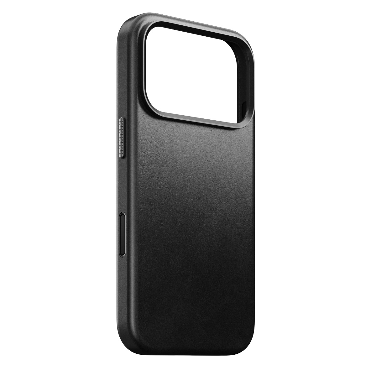 Primo piano di una custodia nera per telefono. Ha un ritaglio per la fotocamera, un pulsante laterale e una superficie strutturata. Lo sfondo è bianco.