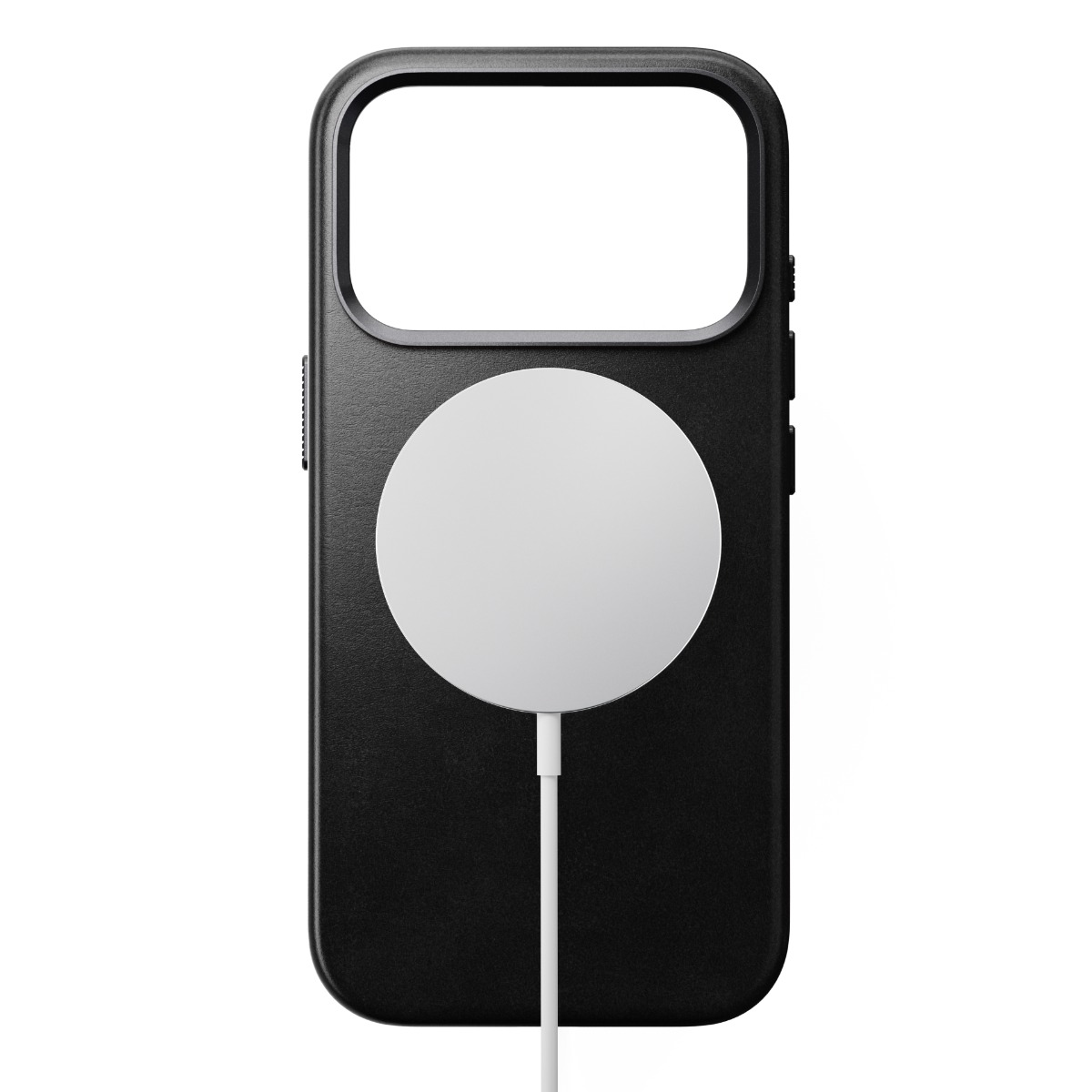Custodia per telefono nera con caricatore MagSafe bianco attaccato. La custodia ha un ritaglio per la fotocamera e un cavo di ricarica bianco.
