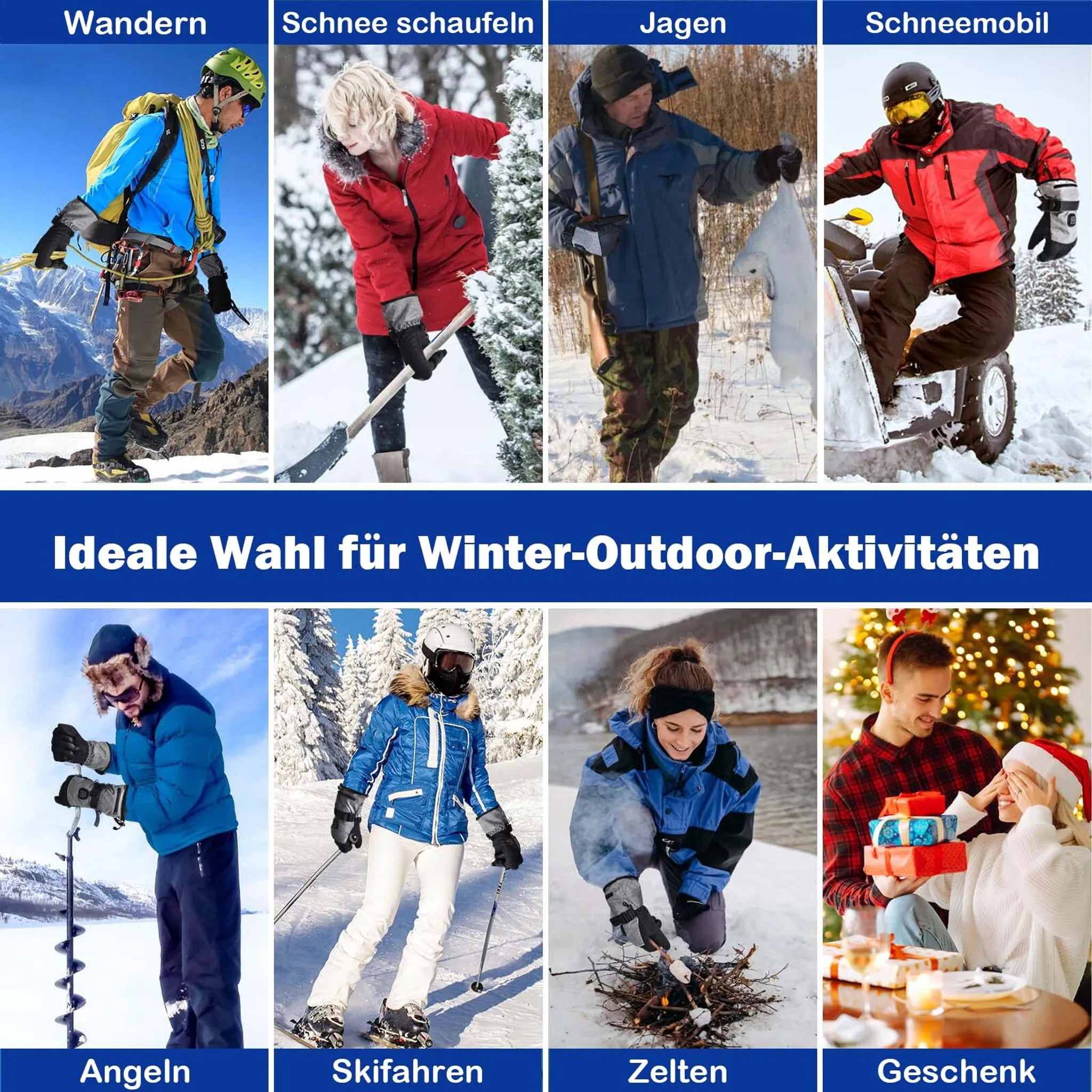 Das Bild zeigt Winteraktivitäten: Wandern, Schneeschaufeln, Jagen, Schneemobilfahren, Eisfischen, Skifahren, Camping und Schenken.