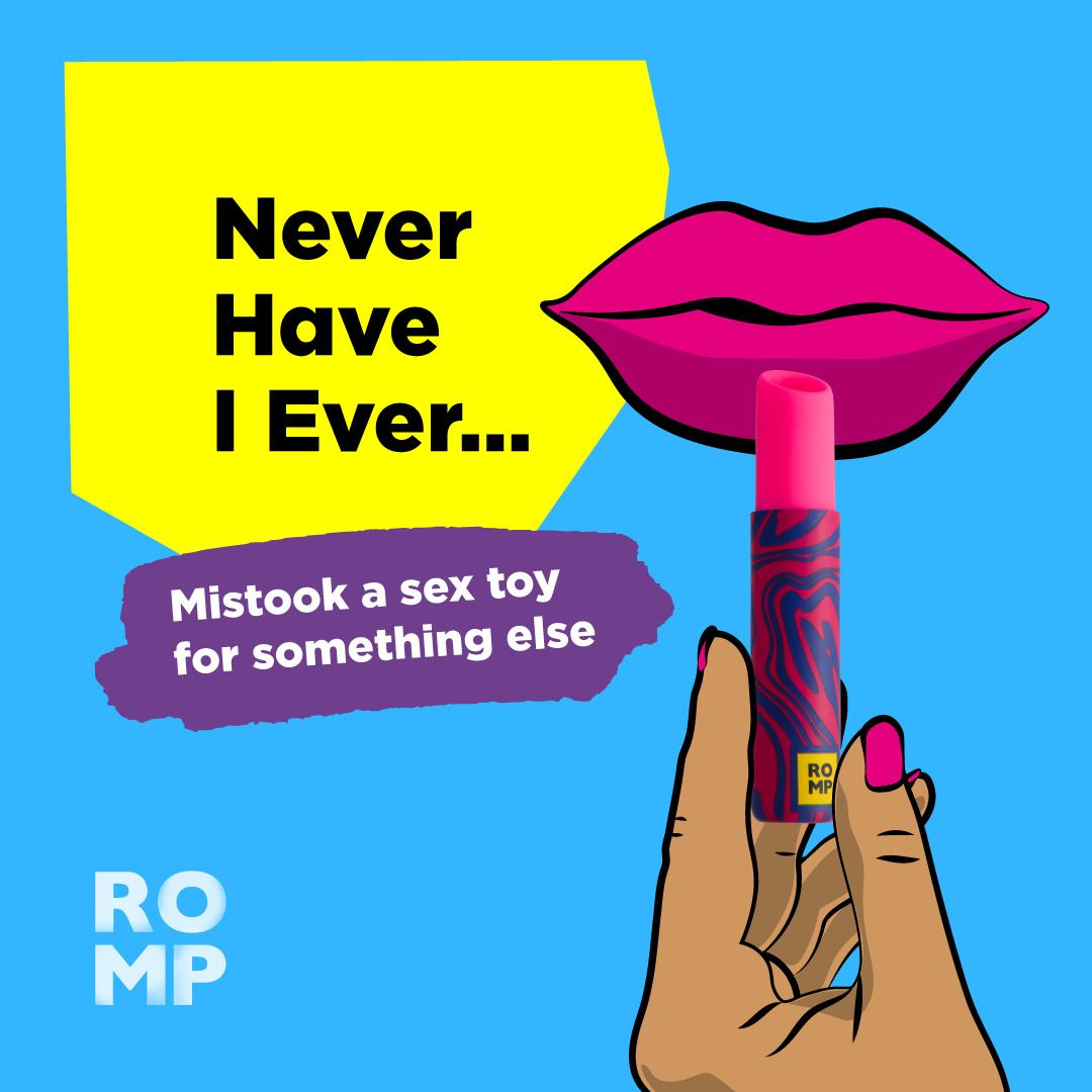 Una mano sostiene un juguete sexual rosa y azul. Arriba, un par de labios rosas. Texto: Nunca he... Confundido un juguete sexual.