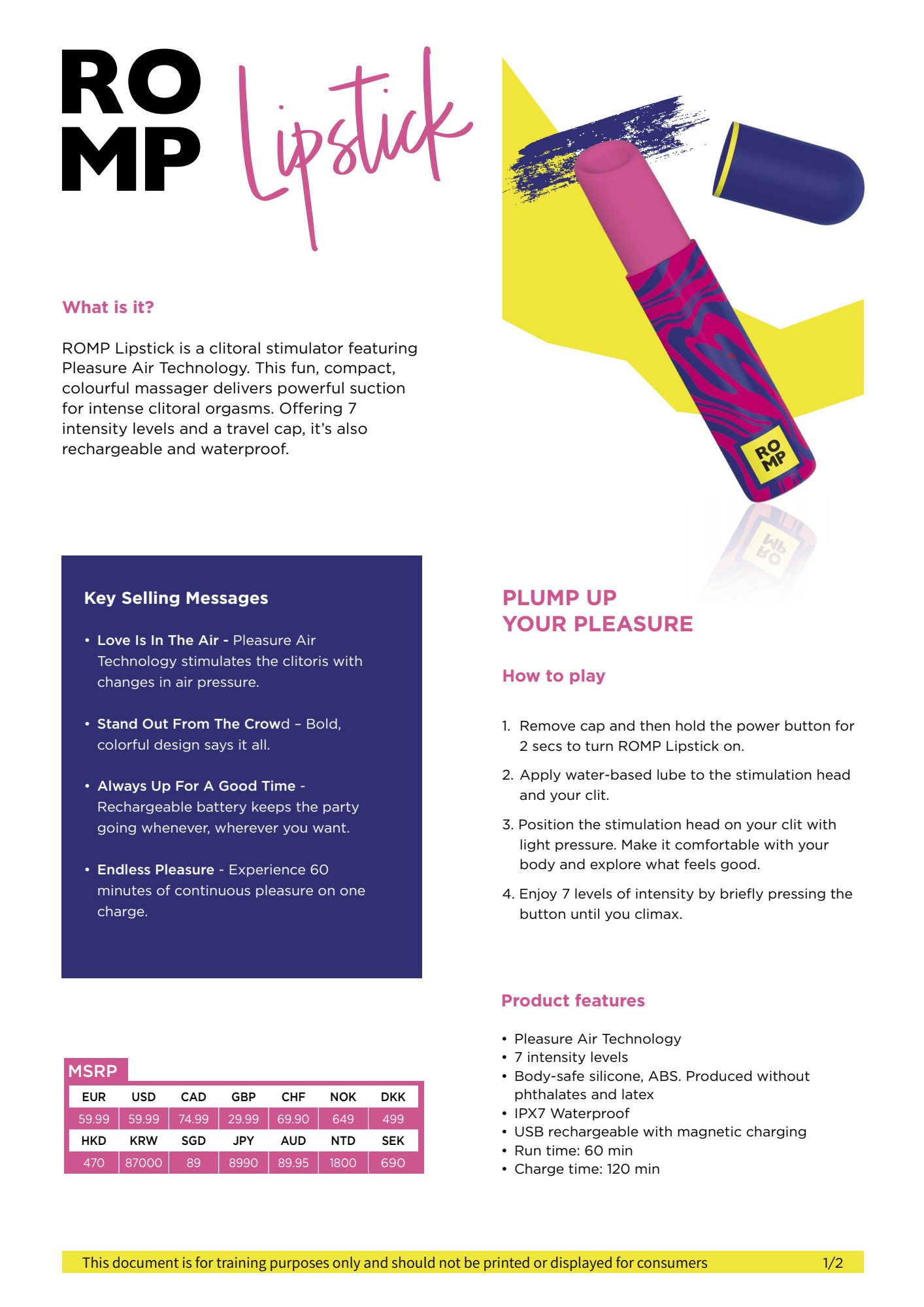 Un estimulador clitoriano en forma de pintalabios rosa y azul, con texto que describe sus características.