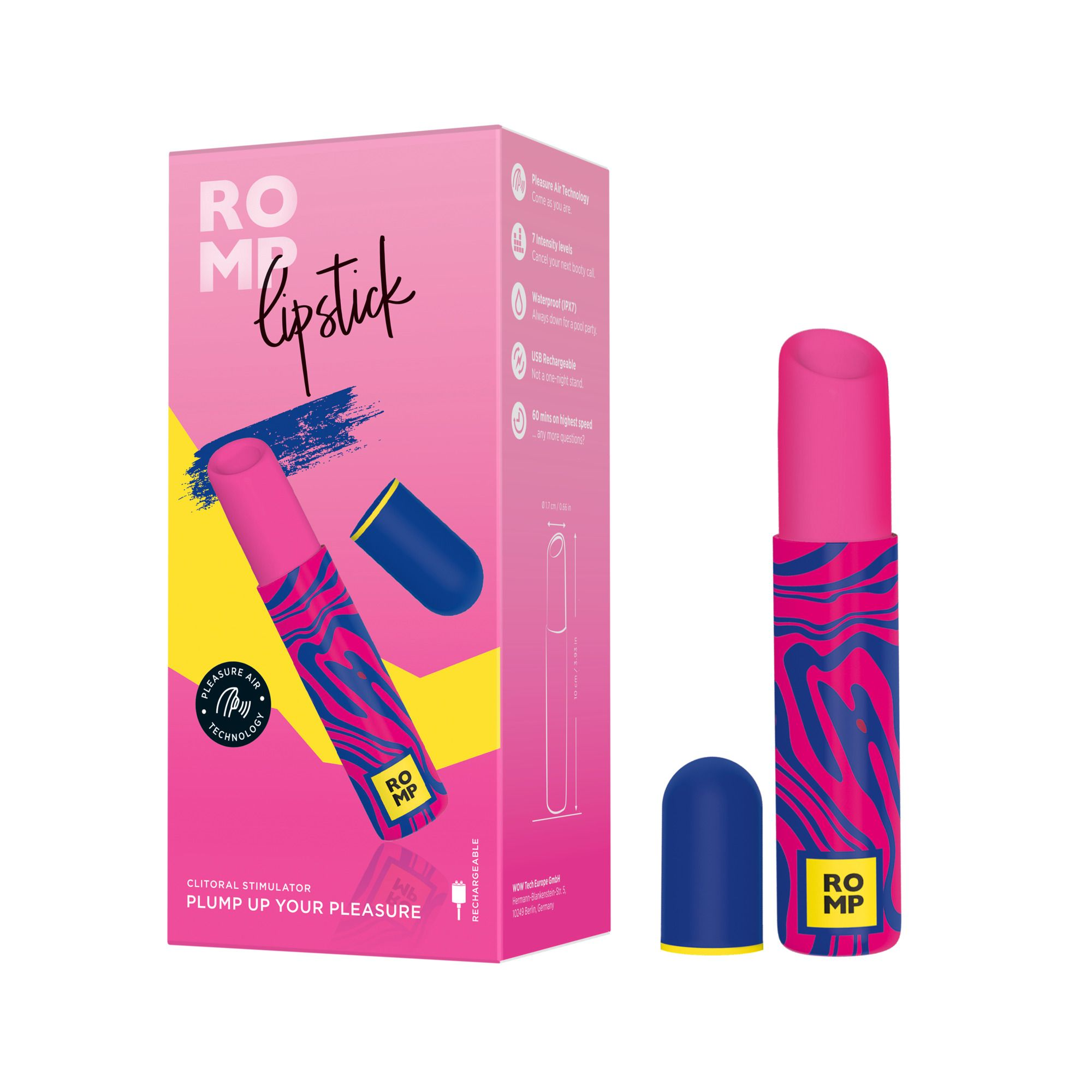 Un estimulador clitoriano rosa con un diseño de patrón rosa y azul. La caja es rosa con el mismo diseño.