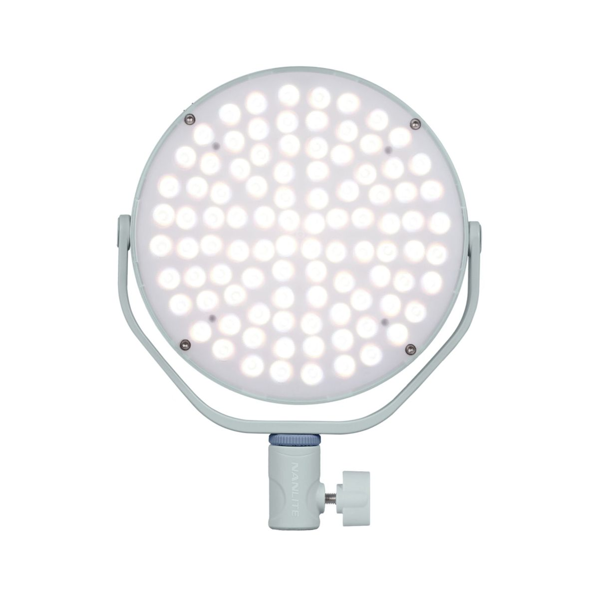 Un pannello LED rotondo con numerose luci luminose, con maniglia e supporto. Il pannello è grigio chiaro.