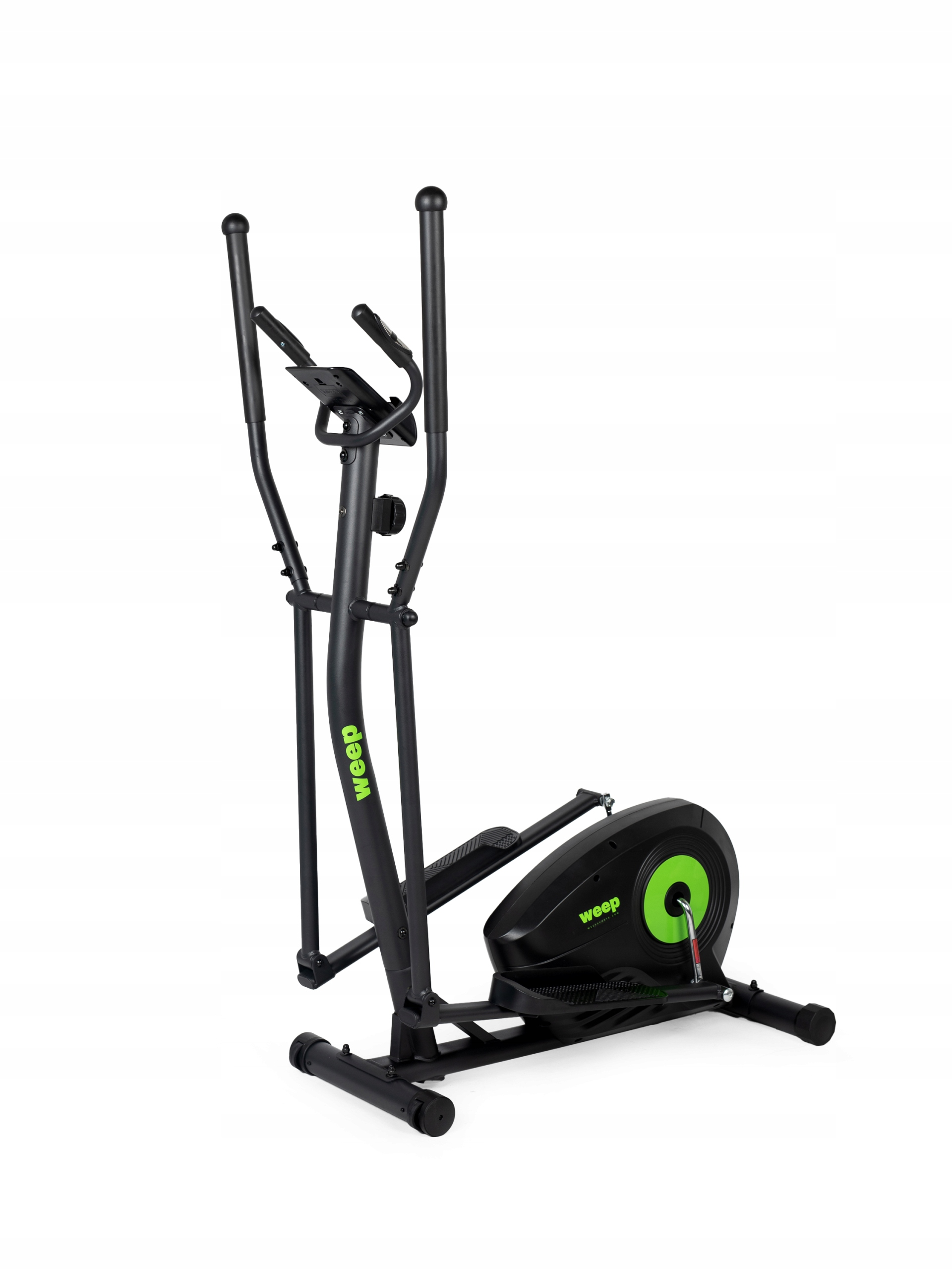 Czarno-zielona maszyna eliptyczna na białym tle. Ma uchwyty, pedały i wyświetlacz. Nazwa marki to 'weep'.
