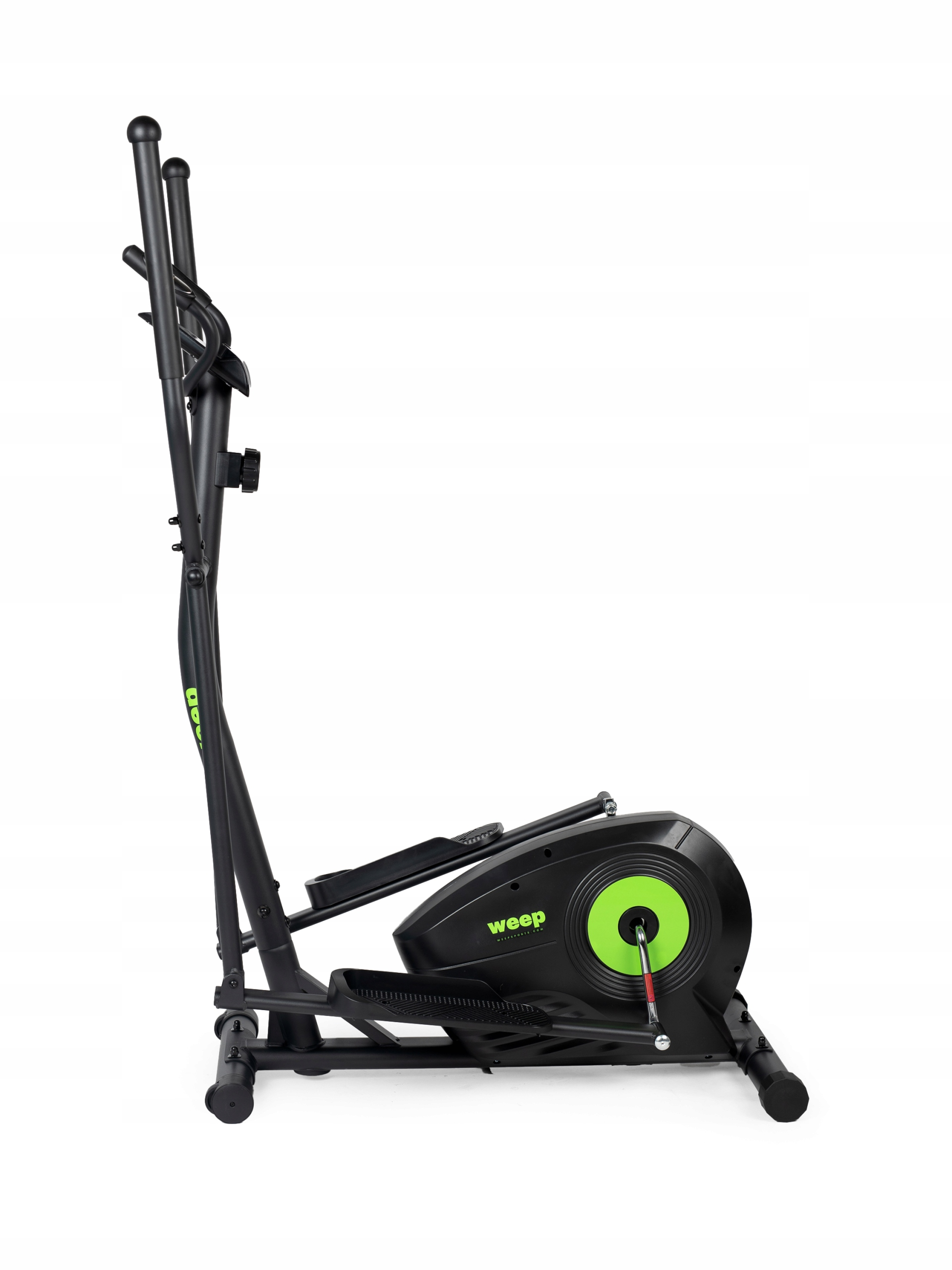 Czarna maszyna eliptyczna z zielonymi akcentami, widok z boku na białym tle. Marka to weep.