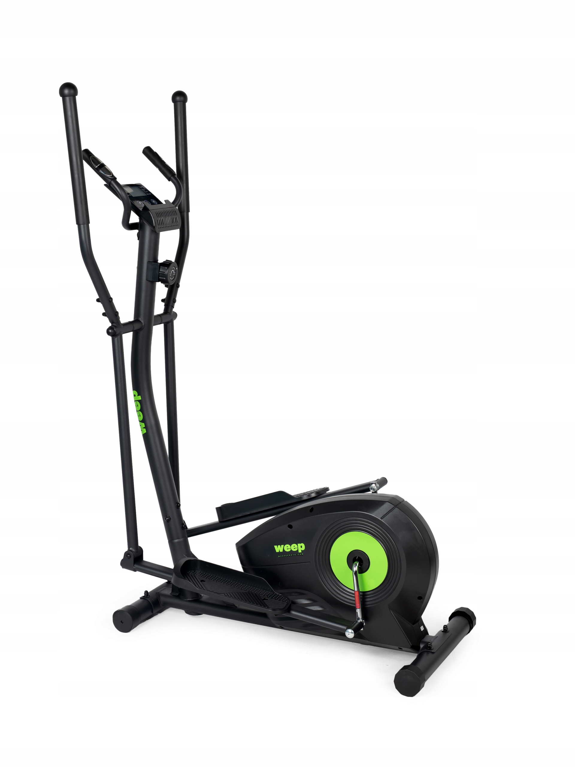 Czarna maszyna eliptyczna z zielonymi akcentami na białym tle. Posiada cyfrowy wyświetlacz i uchwyty.