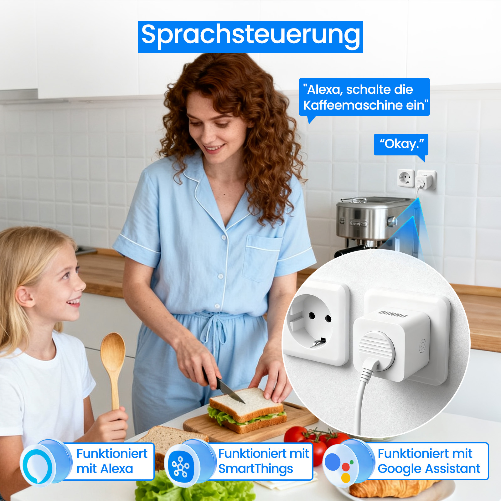Eine Frau und ein Mädchen bereiten ein Sandwich zu. Smart-Stecker und Textblasen mit deutschen Sätzen sind ebenfalls sichtbar.