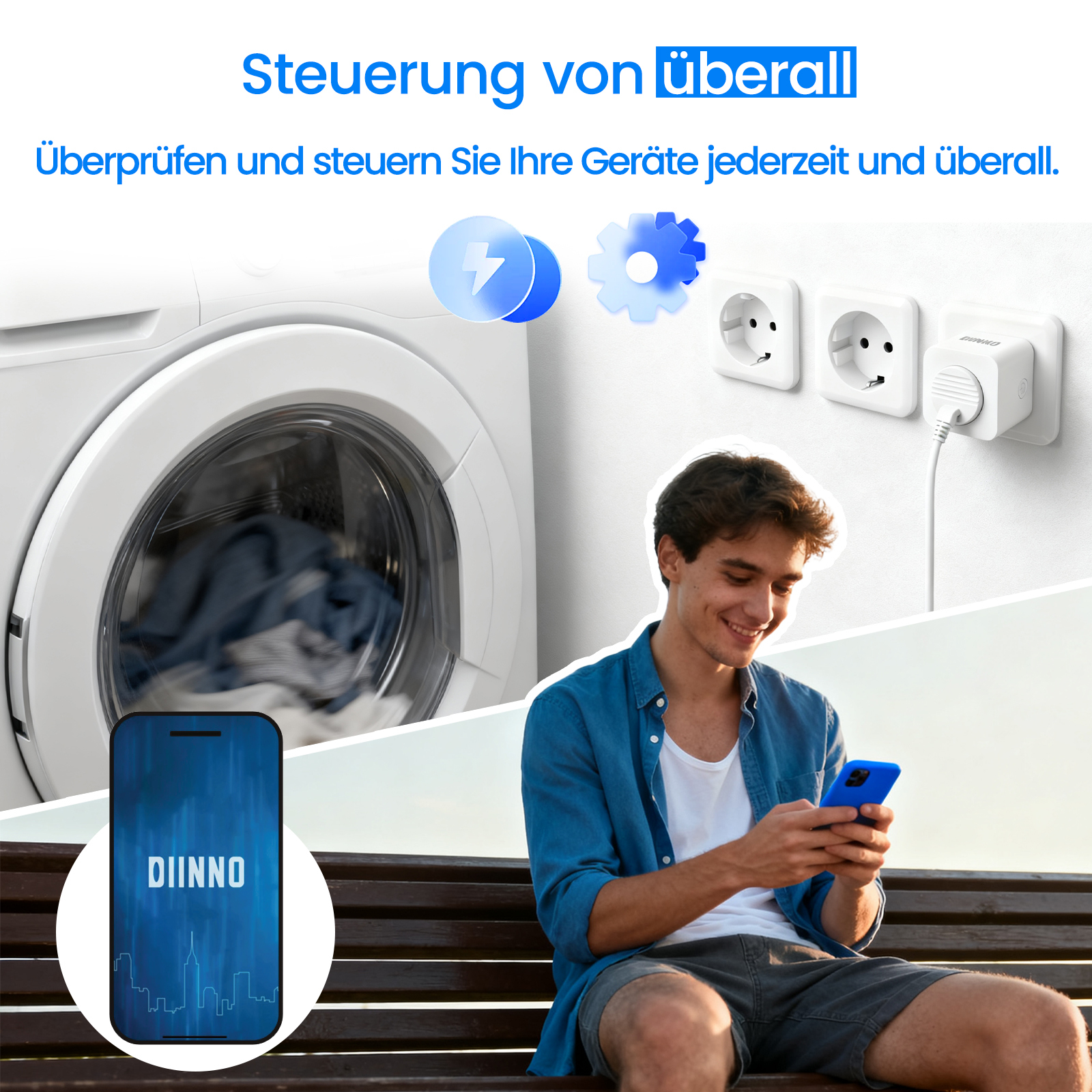 Mann benutzt Telefon, steuert Geräte. Waschmaschine, intelligente Stecker und Telefon mit App-Oberfläche sichtbar.