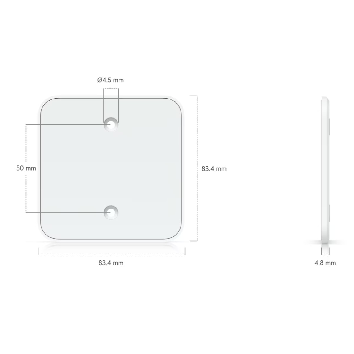 Diagramm einer quadratischen Platte mit Abmessungen. Zeigt Vorder- und Seitenansicht. Maße: 83,4 mm x 83,4 mm, 50 mm, 4,8 mm, Ø4,5 mm.