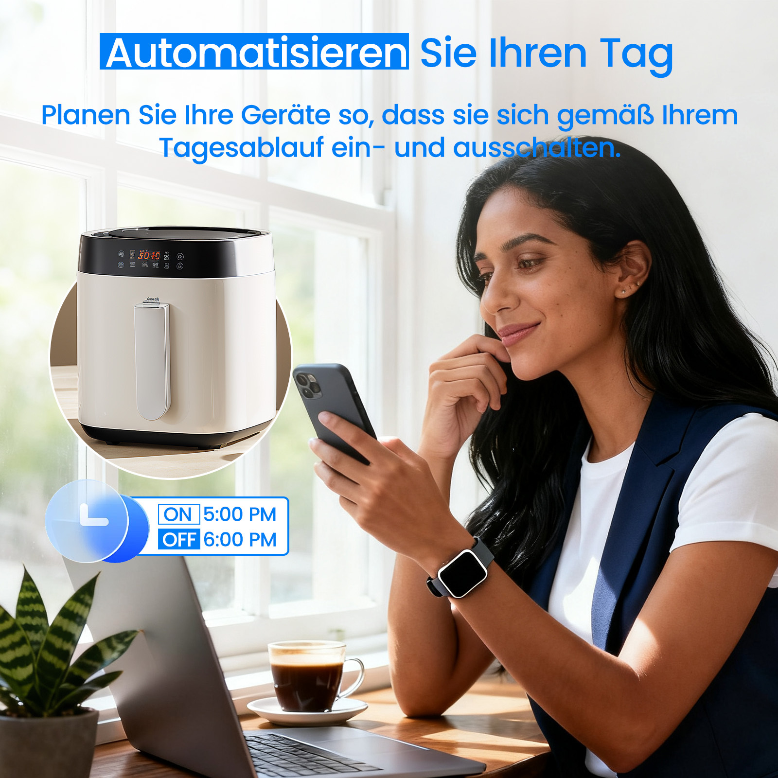 Eine Frau benutzt ein Handy in der Nähe einer Heißluftfritteuse, mit Kaffee und Laptop. Das Bild wirbt für Geräteautomatisierung.