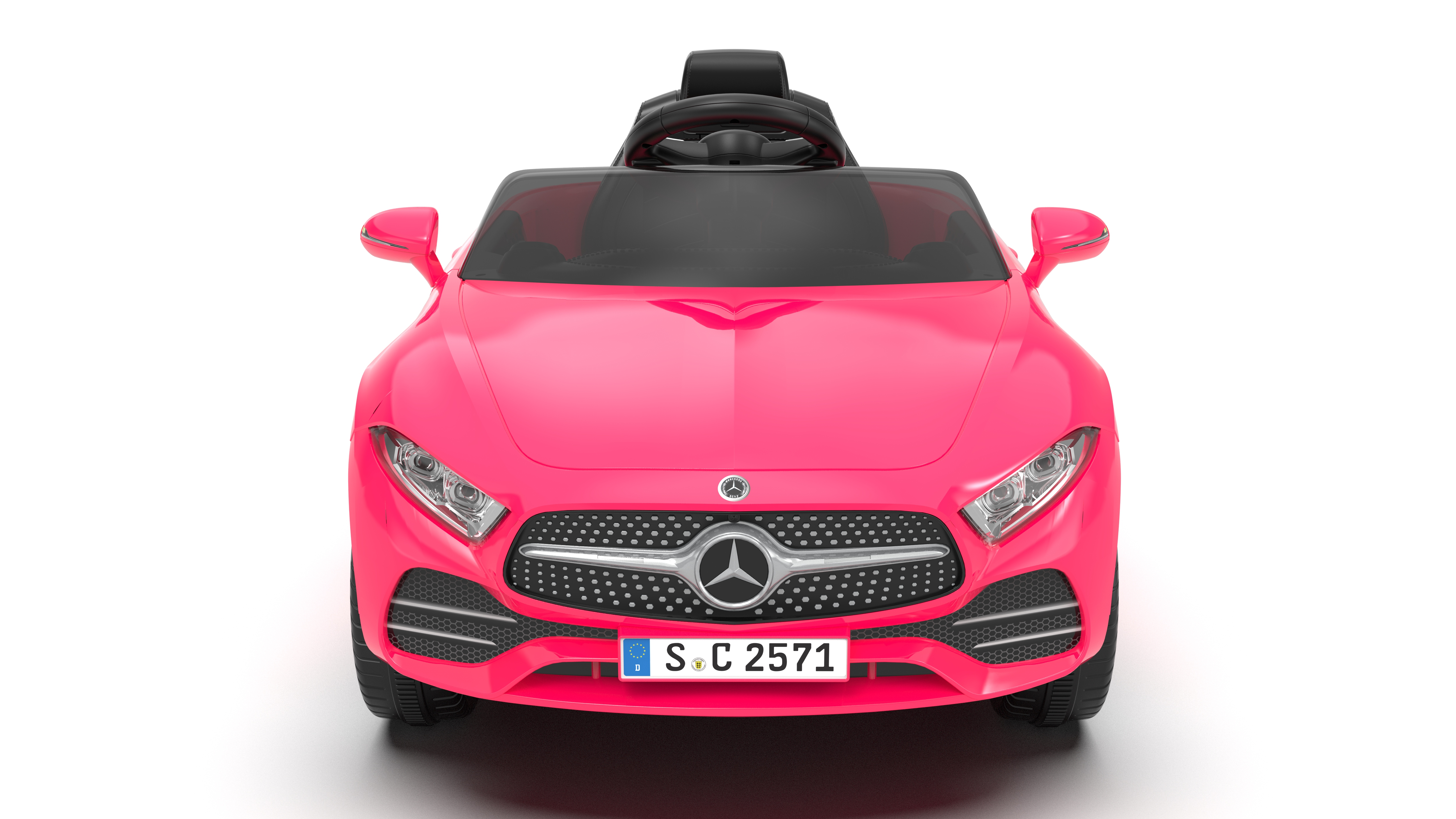Ein rosa Mercedes-Benz Spielzeugauto auf weißem Hintergrund. Es hat schwarze Innendetails und ein Nummernschild.