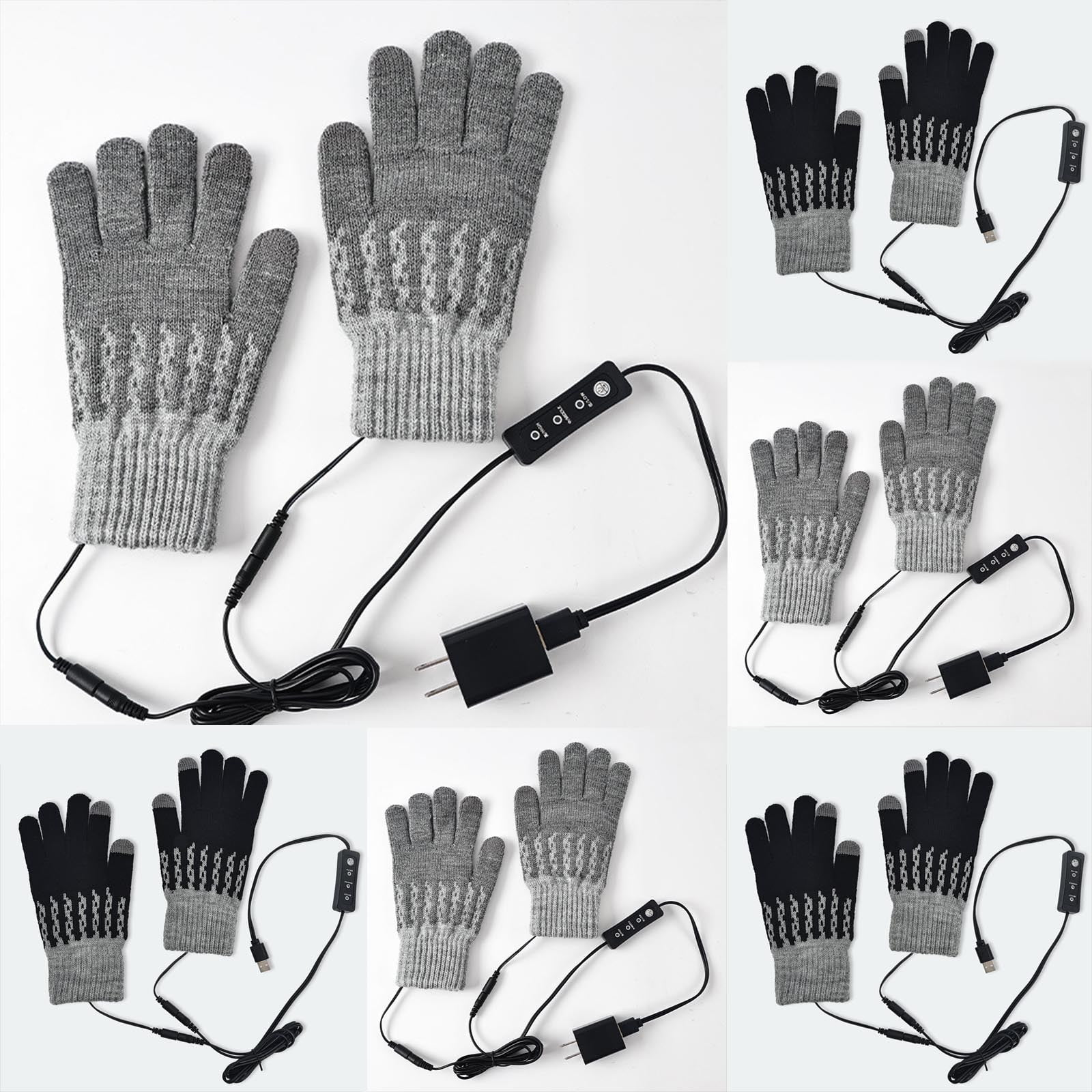 Das Bild zeigt mehrere Paare beheizter Handschuhe in Grau und Schwarz, mit USB-Kabeln und Ladegeräten.