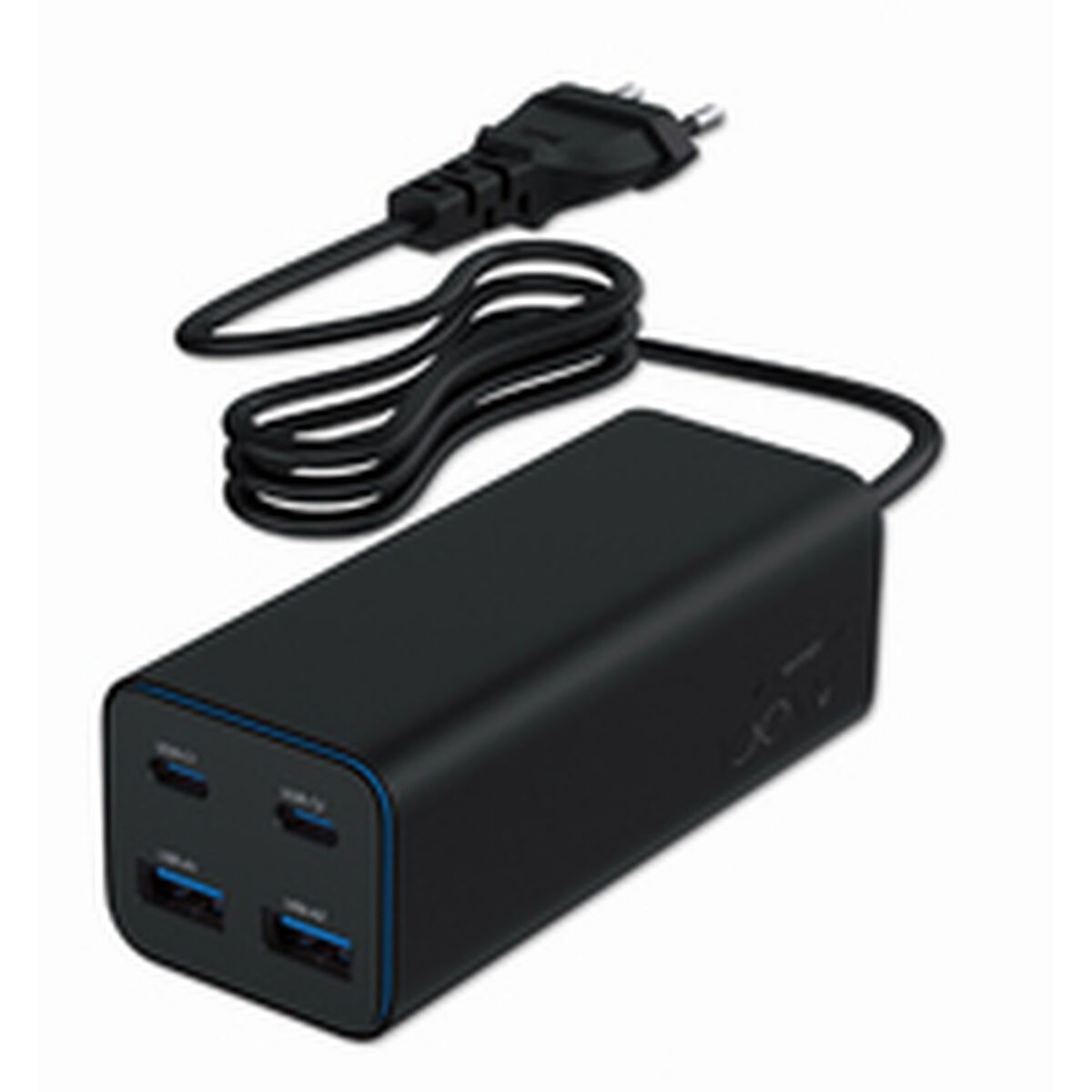 Zwarte voedingsadapter met vier USB-poorten en een zwart netsnoer met stekker. De adapter heeft blauwe accenten.