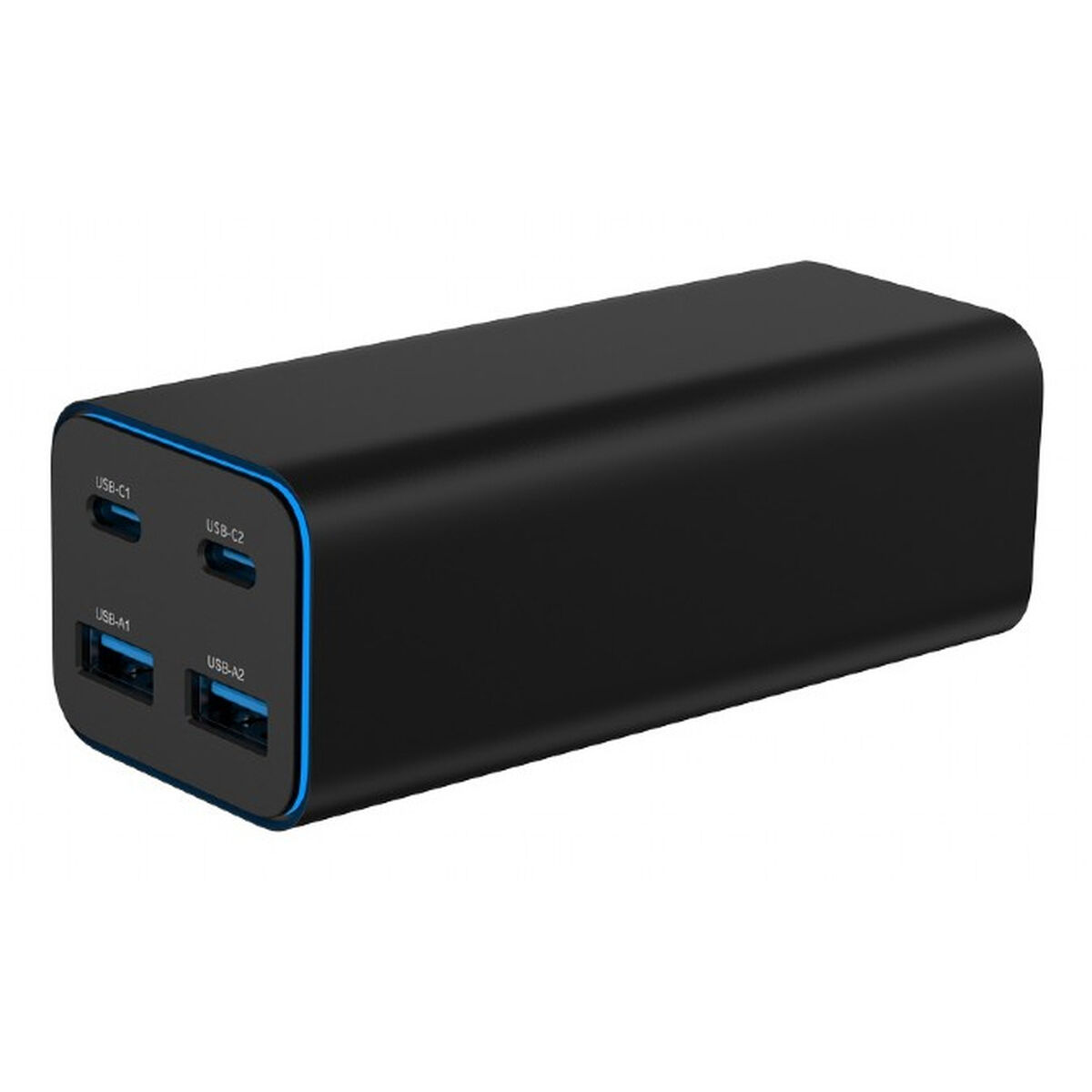 Een zwarte rechthoekige powerbank met blauwe accenten. Het heeft 4 USB-poorten met de labels USB-A1, USB-A2, USB-C1 en USB-C2.