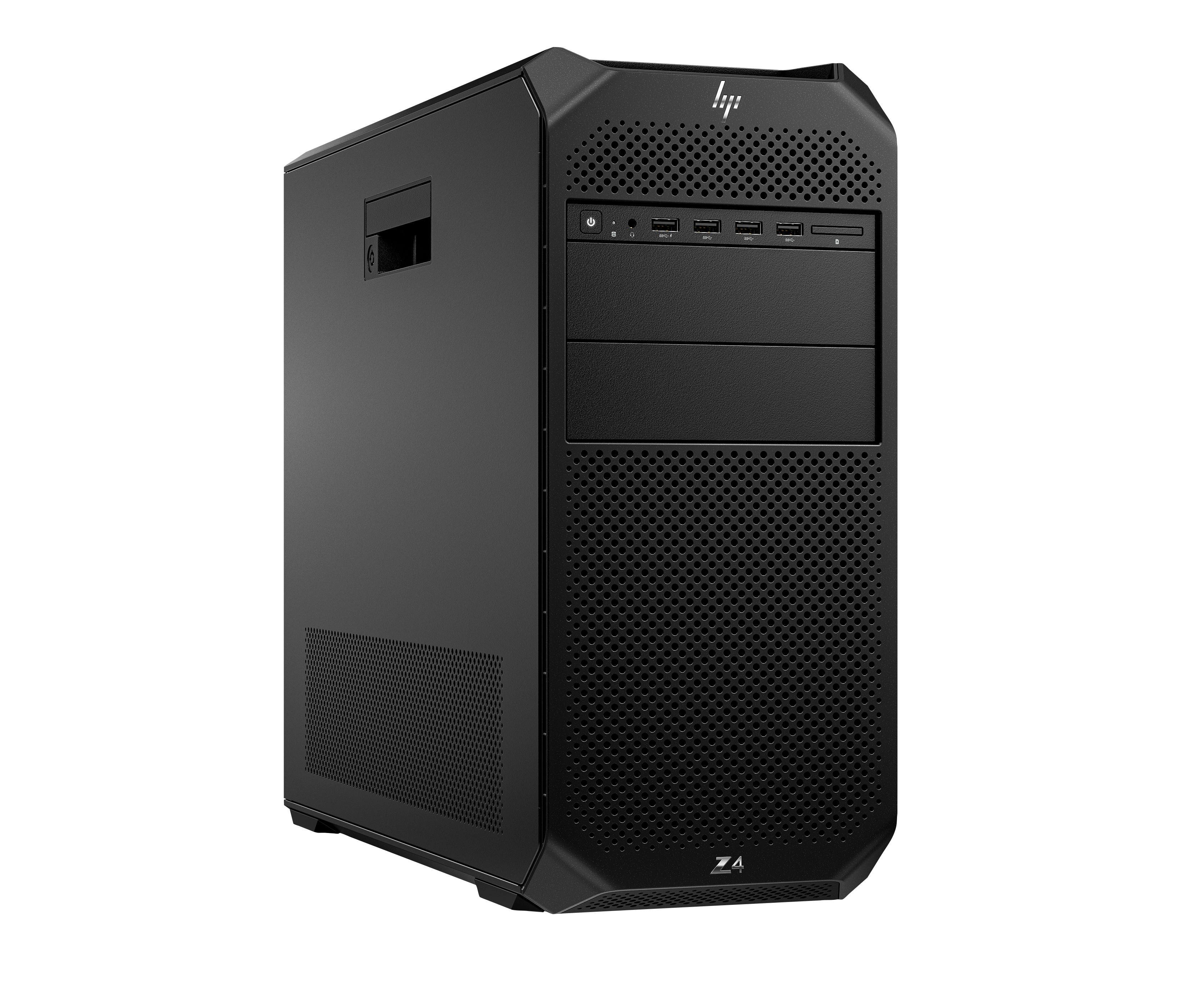 Un case nero per computer. Ha un pannello frontale perforato, varie porte e il logo HP.