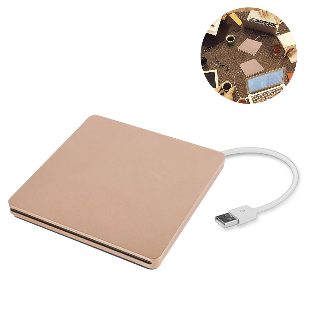 Ein beiges externes CD/DVD-Laufwerk mit weißem USB-Kabel. Ein runder Ausschnitt zeigt Personen an einem Tisch mit Laptops und Getränken.