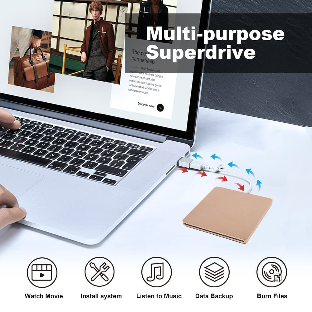 Laptop mit Superdrive verbunden. Auf dem Bildschirm ist eine Modeanzeige zu sehen. Symbole für Film, Installation, Musik, Backup und Brennen.