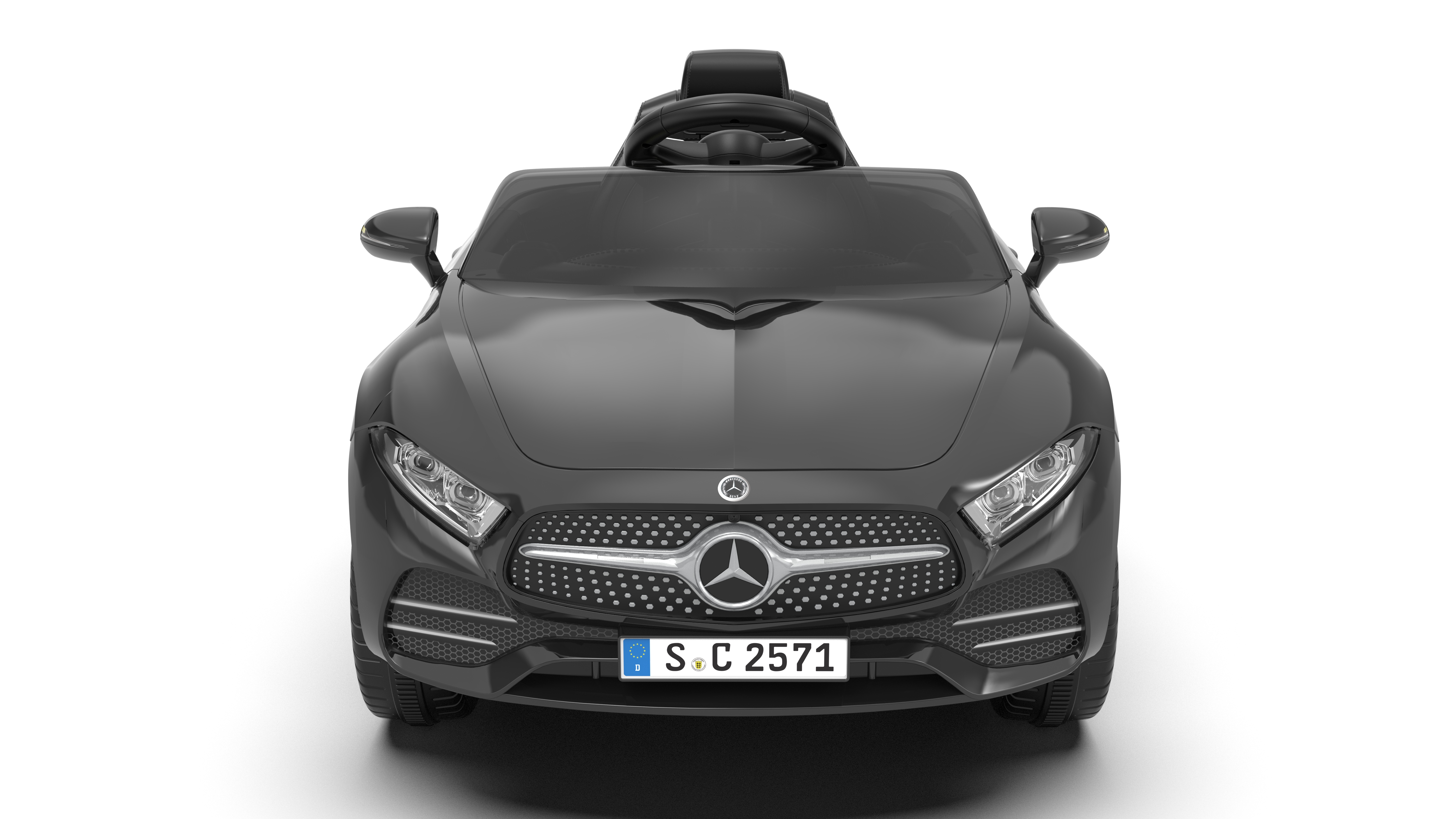 Schwarzes Mercedes-Benz Spielzeugauto, Frontansicht. Es hat ein Nummernschild 'S C 2571'. Weißer Hintergrund.