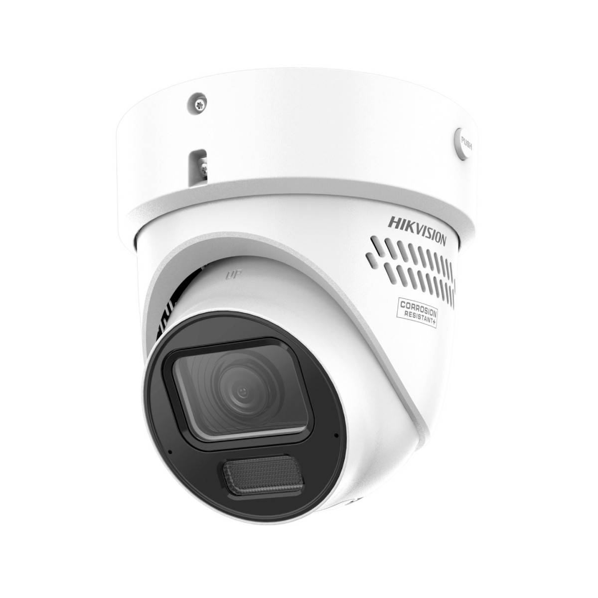 Eine weiße Hikvision-Überwachungskamera mit schwarzem Objektiv. Sie hat eine abgerundete Form und die Aufschrift 'Corrosion Resistant+'.