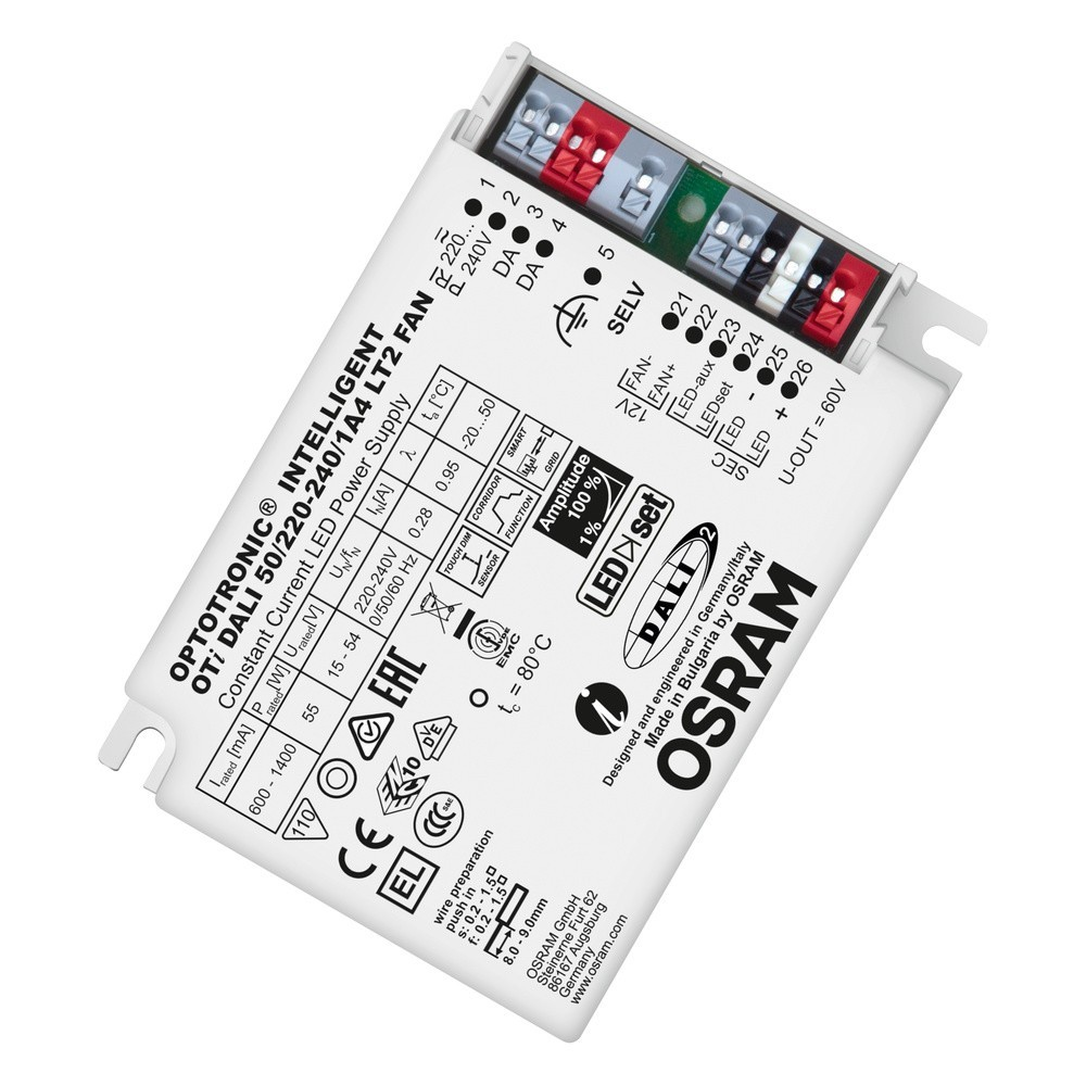 Dispositivo elettronico bianco con testo e connettori. Marchio OSRAM visibile.