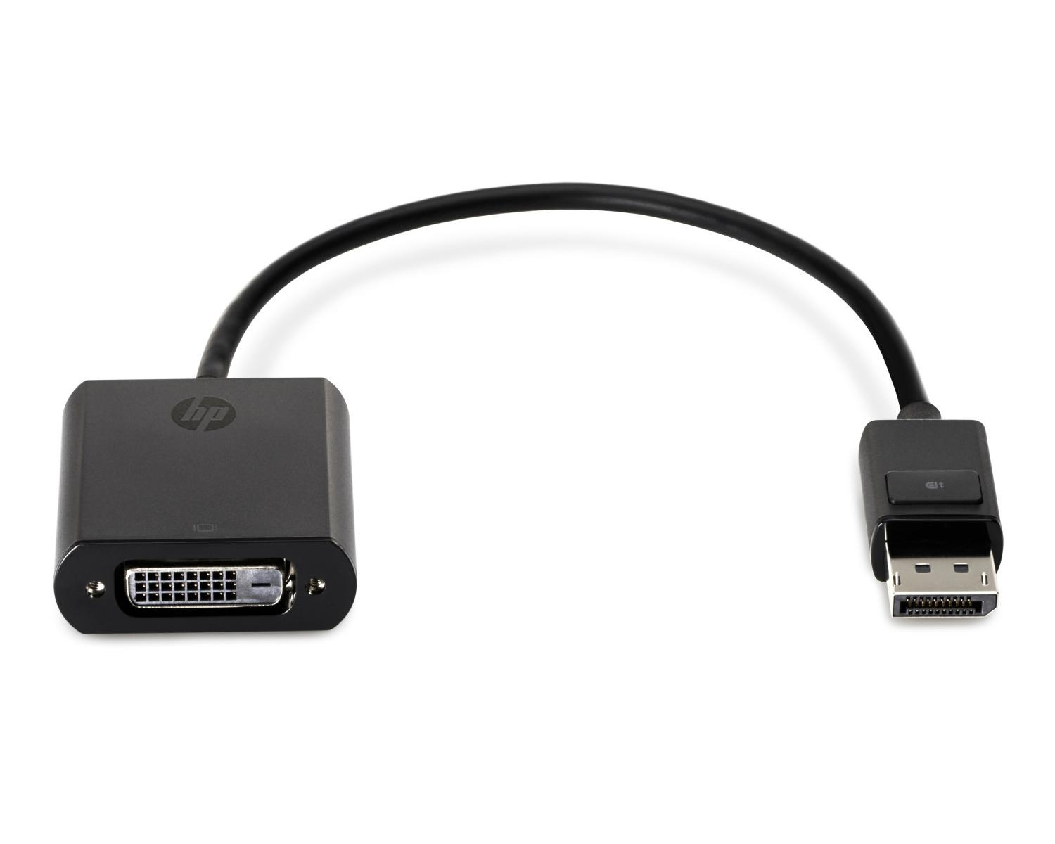 Cavo adattatore HP nero con connettori DVI e DisplayPort, collegati da un cavo nero. Sfondo bianco.